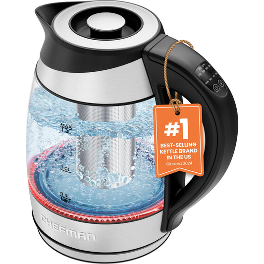 Chefman Hervidor eléctrico con control de temperatura, infusor de té extraíble, 5 luces indicadoras LED preestablecidas, base giratoria de 360°, sin BPA, acero inoxidable, 1,7 litros