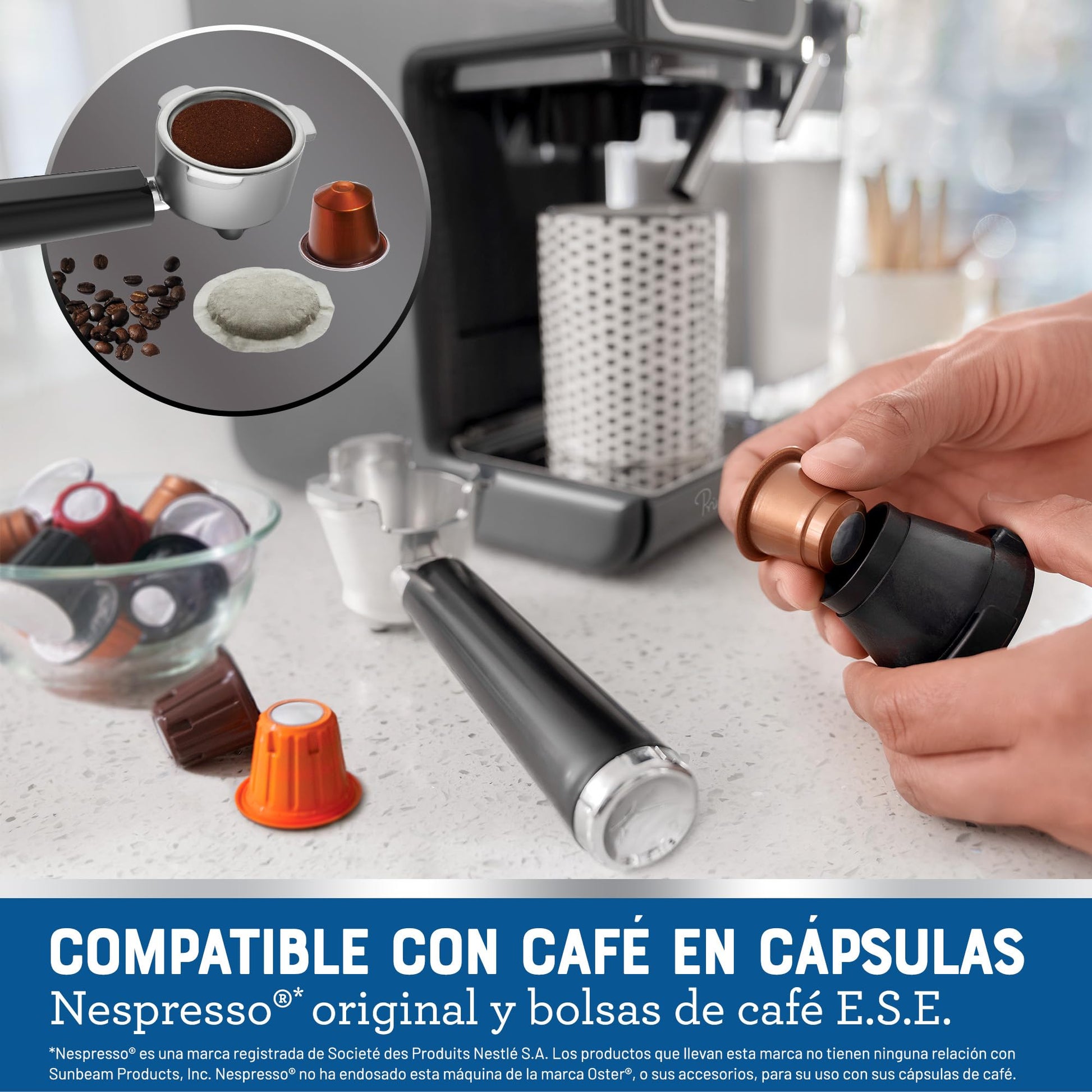 Cafetera Oster Gris con Panel Táctil y Funciones Automáticas para Espresso, Cappuccino y Latte