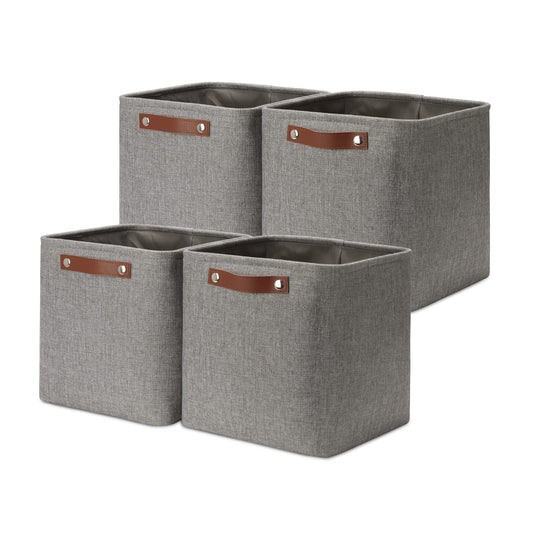 DULLEMELO - Contenedores de cubeta de 11 pulgadas, paquete de 4 cestas de almacenamiento cuadradas de color gris, organizador de cubos de lino, organizador de clóset y cestas de almacenamiento para