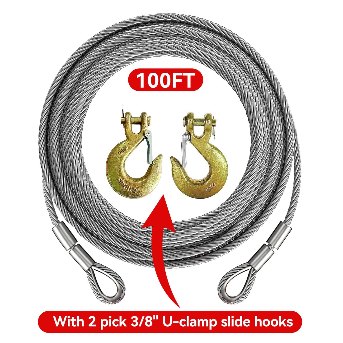 Cable de cabrestante, cable de remolque resistente, con 2 ganchos deslizantes de abrazadera en U de 3/8 pulgadas, construcción trenzada de 7 x 19, resistencia a la rotura de 100 pies