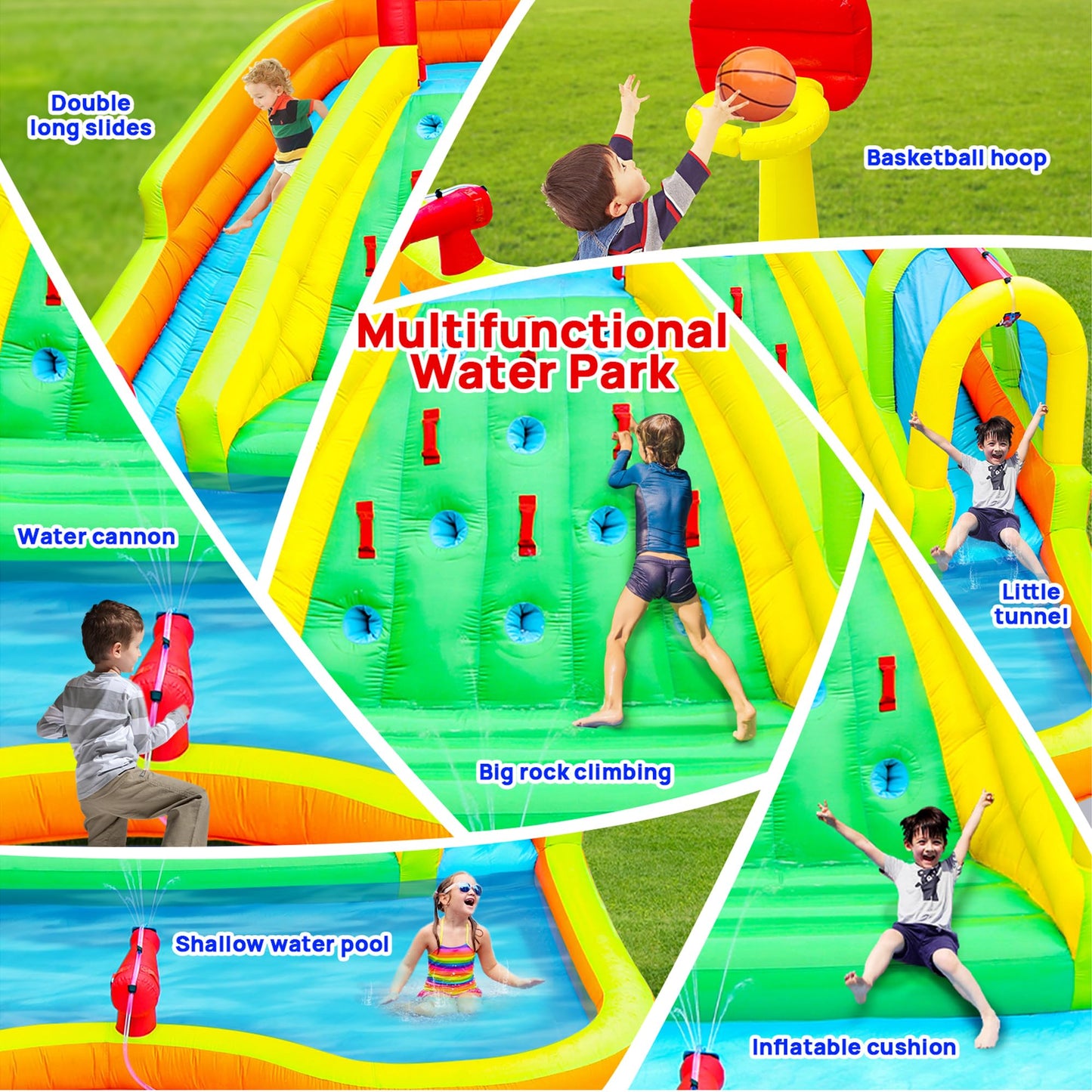 Parque Inflable WELLFUNTIME Azul con Doble Toboganes y Casa de Rebote