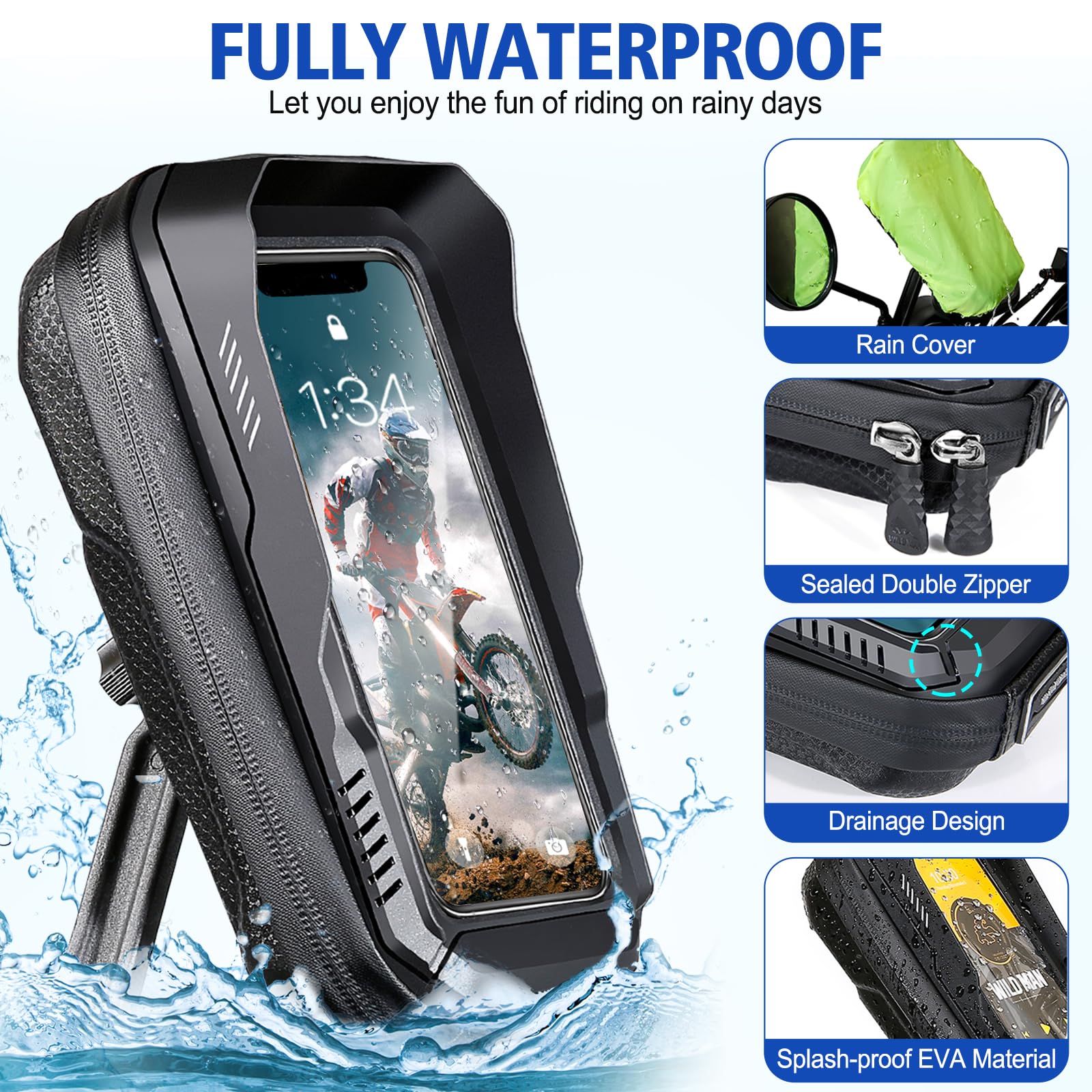 BKNOOU - Soporte impermeable para teléfono de motocicleta, rotación de 360 °, protección contra la vibración, cubierta de lluvia, espejo retrovisor, soporte para teléfono móvil, motocicleta, 4.5 a 6.9