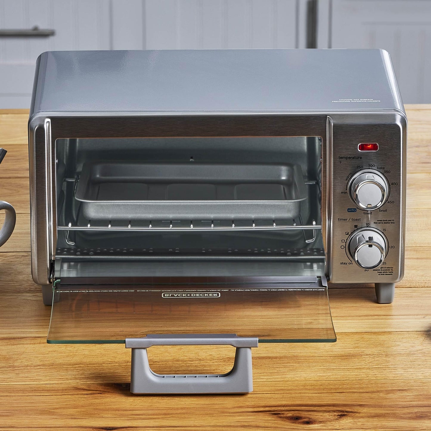 BLACK+DECKER Crisp 'N Bake Air Fry Horno tostador de convección, capacidad media, 4 veces, 5 en 1, se adapta a pizza de 9 pulgadas, temporizador de 30 minutos, hornear, asar, freír al aire, tostadas