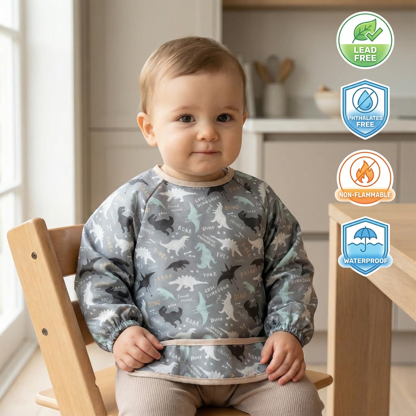 HAMUR HOME - Babero de manga larga para bebé de 2 a 4 años - Impermeable y a prueba de desorden, para destete LED de bebé, lavable a máquina, babero de alimentación ligero para bebés y niños pequeños