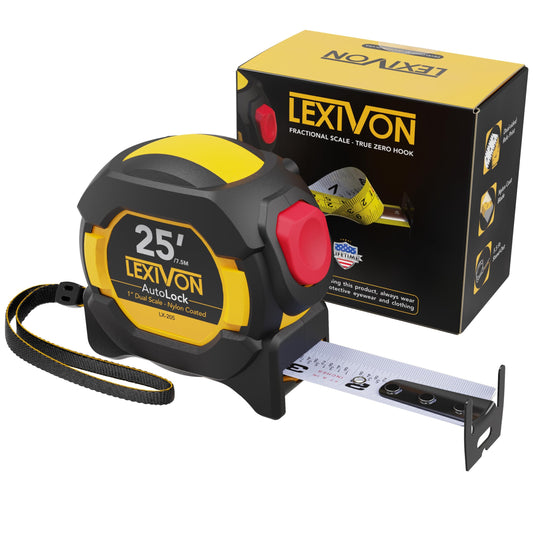 LEXIVON Cinta métrica AutoLock de 25 pies / 7.5 m | Hoja de 1 pulgada de ancho con revestimiento de nailon, acabado mate, impresión de regla de doble cara blanca y amarilla | Pies/Fracciones/métrico (LX-205)
