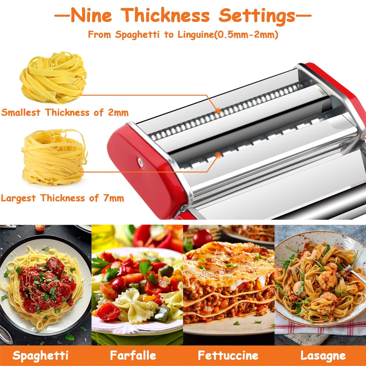 Lynndia Máquina para hacer pasta manual de acero inoxidable, 9 ajustes de grosor ajustables, incluye rodillo de pasta, cortador, mango extraíble y estante de secado de pasta, perfecto para espaguetis