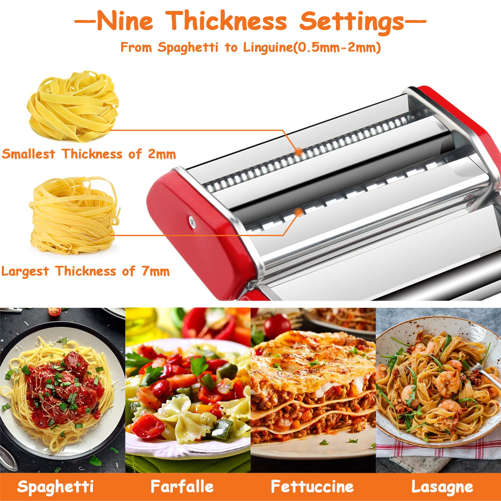 Lynndia Máquina para hacer pasta manual de acero inoxidable, 9 ajustes de grosor ajustables, incluye rodillo de pasta, cortador, mango extraíble y estante de secado de pasta, perfecto para espaguetis