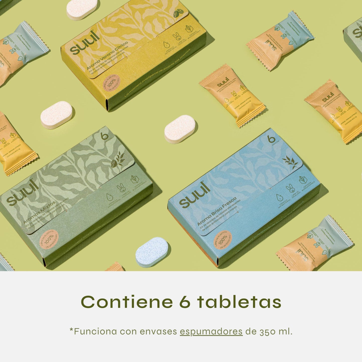 Suul Jabón Espuma para Manos (Kit de Refills) - 6 Tabletas | 3 Opciones de Aromas | Rinde 350ml. por tableta (2.1 L total) (Brisa Fresca)