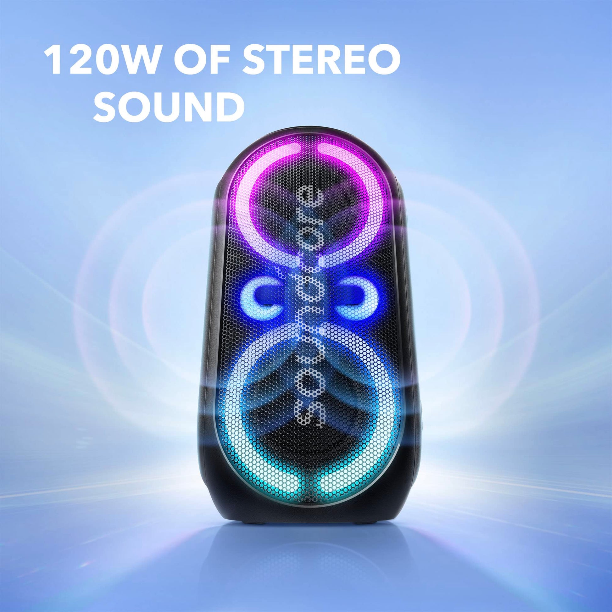 Soundcore Anker Rave Party 2 Altavoz portátil, Sonido estéreo de 120 W, espectáculo de luz, IPX4 Resistente al Agua, 16hrs de reproducción, Entrada de micrófono, Ecualizador Personalizado