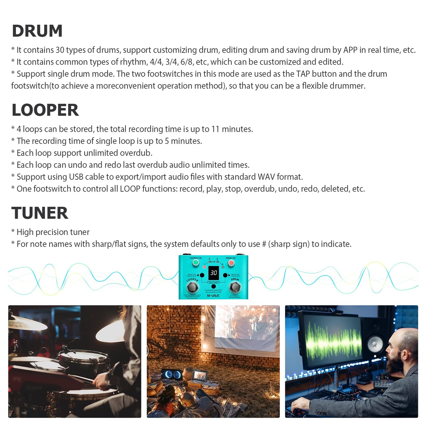 Irfora Lost Tempo Pedal de Efectos Drum & Looper Effector Mini 2-in-1 Looper & Drum Hine Doble Pedal Looper Pedal Looper Pedal de Guitarra 30 Tambores y 4 bucles Sintonizador de Alta