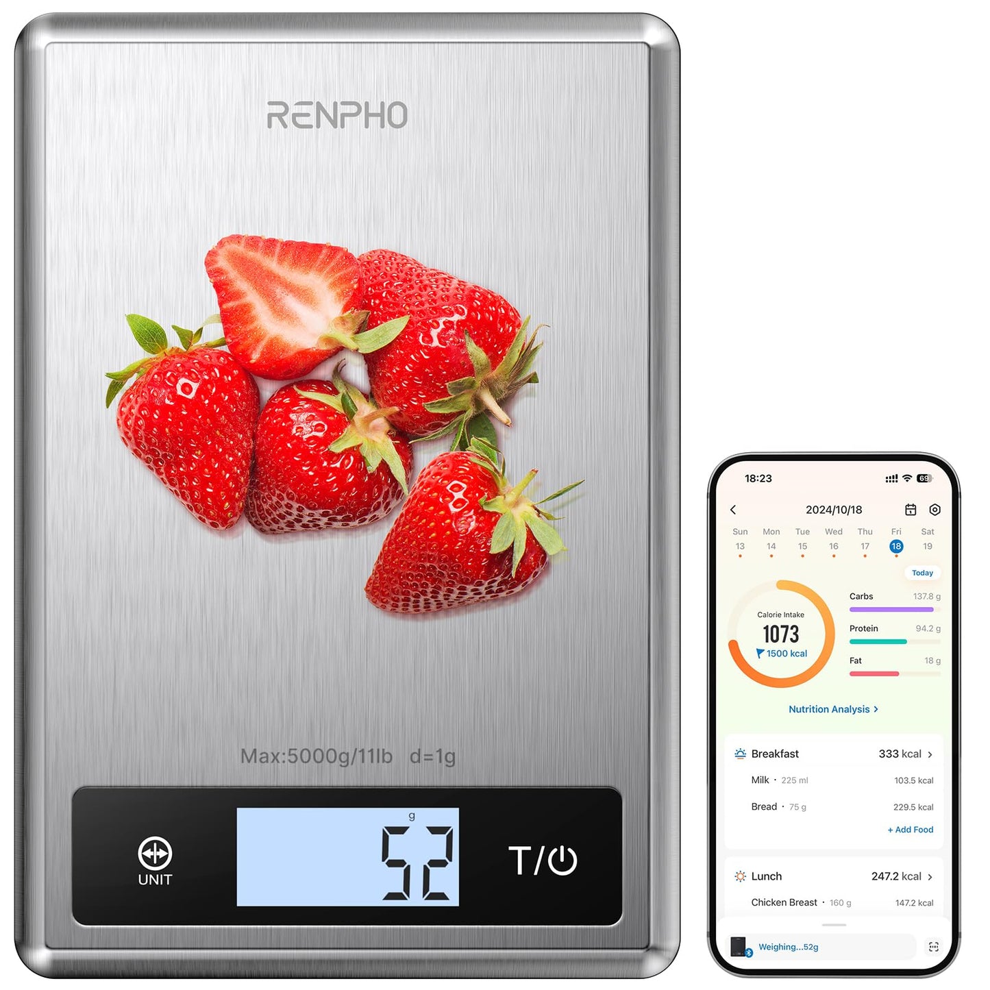 RENPHO Smart Food Scale, Digital Kitchen Scale for Food Ounces and Grams, Coffee Weight Scale with Nutritional Calculator APP for Keto, Macro, Calorie, Weight Loss, Precise Graduation, Stainless Steel