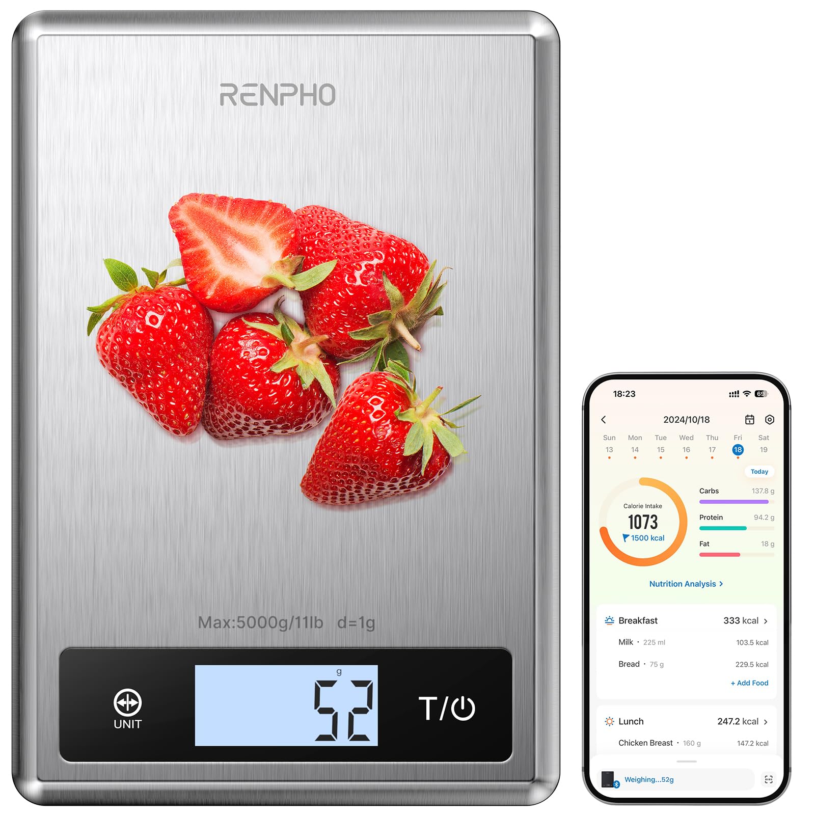 RENPHO Smart Food Scale, Digital Kitchen Scale for Food Ounces and Grams, Coffee Weight Scale with Nutritional Calculator APP for Keto, Macro, Calorie, Weight Loss, Precise Graduation, Stainless Steel