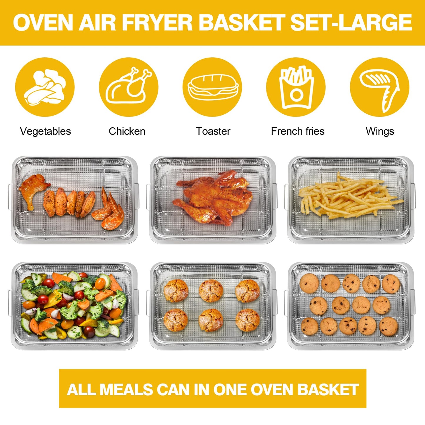 Cesta de freidora de aire para horno, 2 juegos de acero inoxidable, accesorios para freidora de aire, estante para horno y bandeja crujiente, sartén para asar de tocino para horno, juegos de