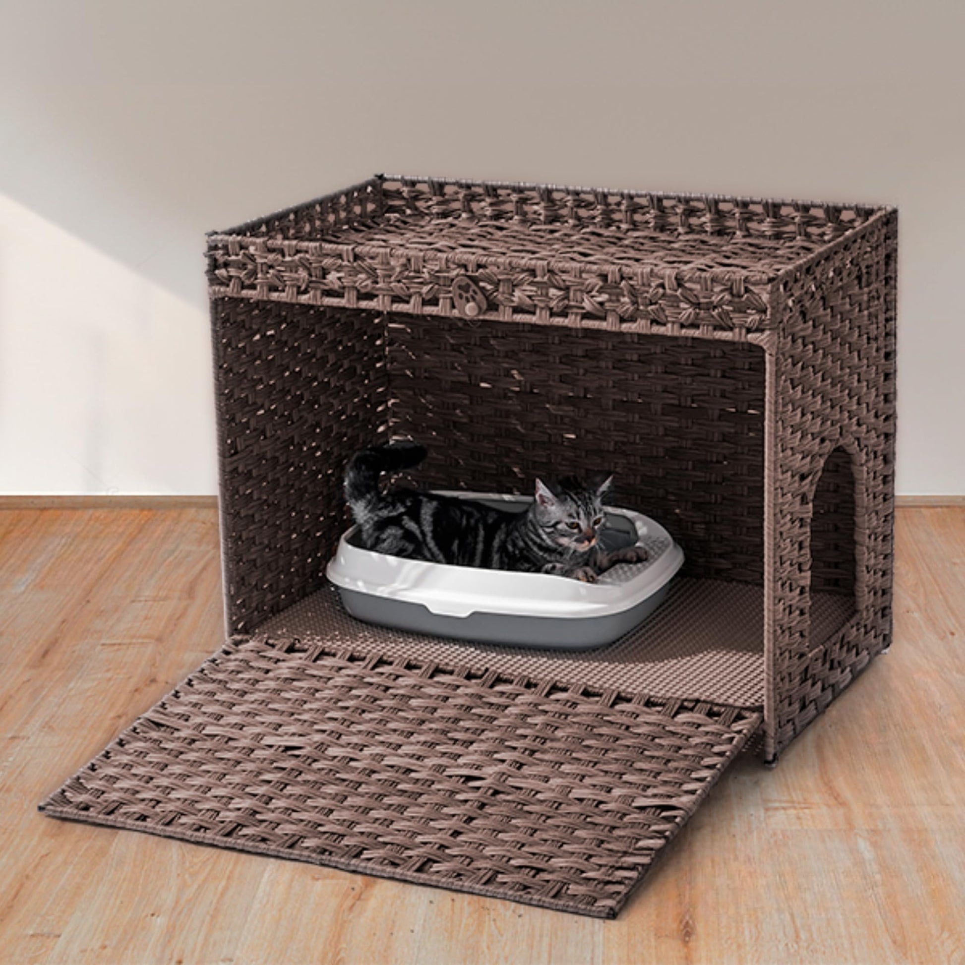 FABATO Arenero para Gato Grande Cerrado - Casa para Gatos Exterior - Puerta Lateral para tu Mascota - Mueble de Mimbre Ratán Tejido a Mano - Incluye Alfombrilla Suave (Marrón)