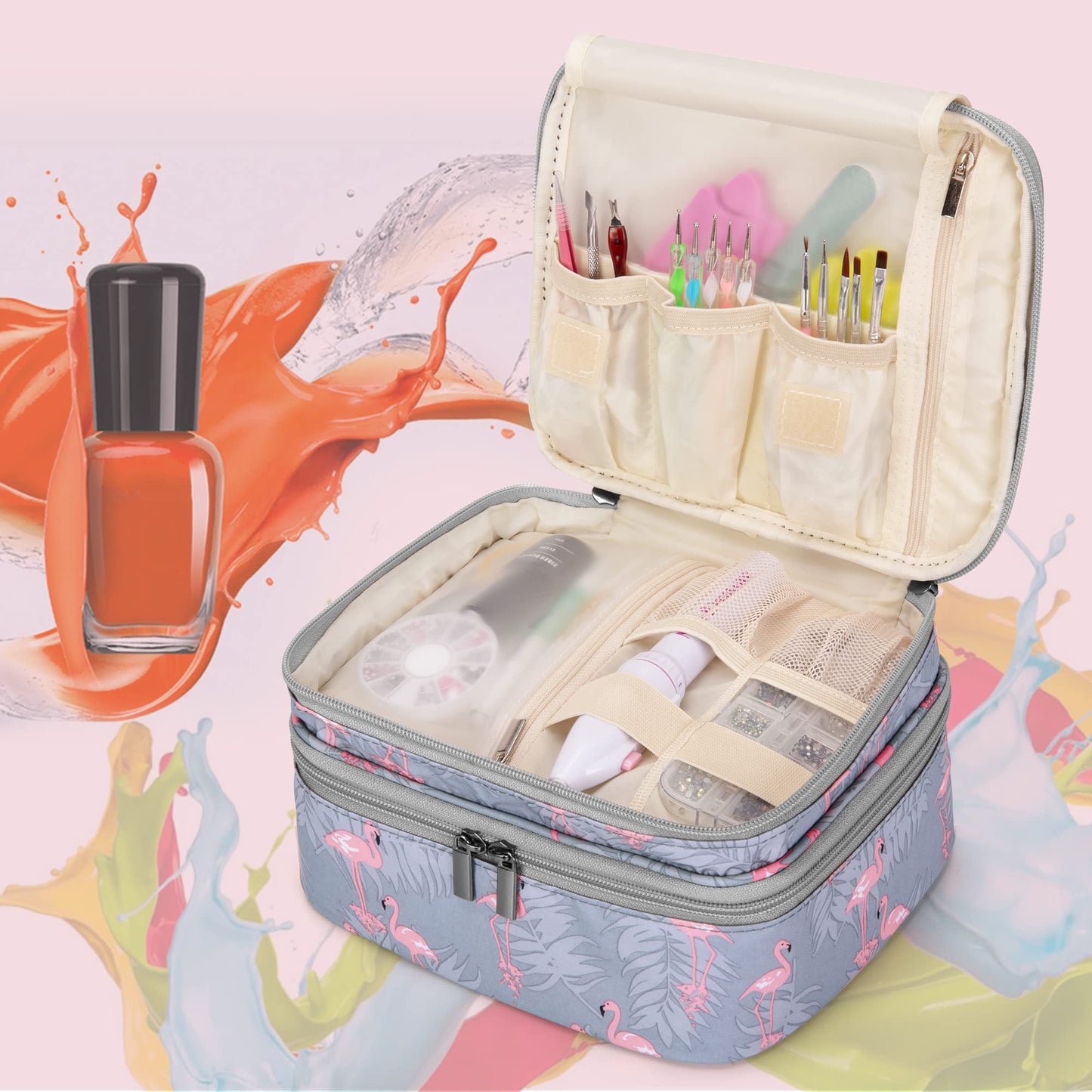 Luxja Nail Polish Carrying Case - Holds 30 Bottles (15ml - 0.5 fl.oz), Double-layer Organizer for Nail Polish and Manicure Set, Flamingo