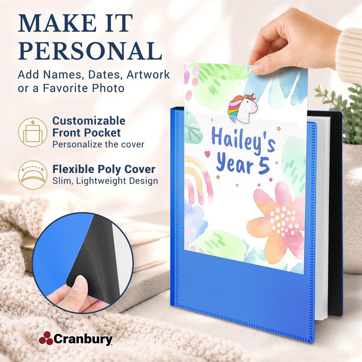 Álbum de Fotos CRANBURY Azul de 4 x 6 con Cobertura Personalizable, Paquete de 2 Libros, 24 Bolsillos para 48 Imágenes