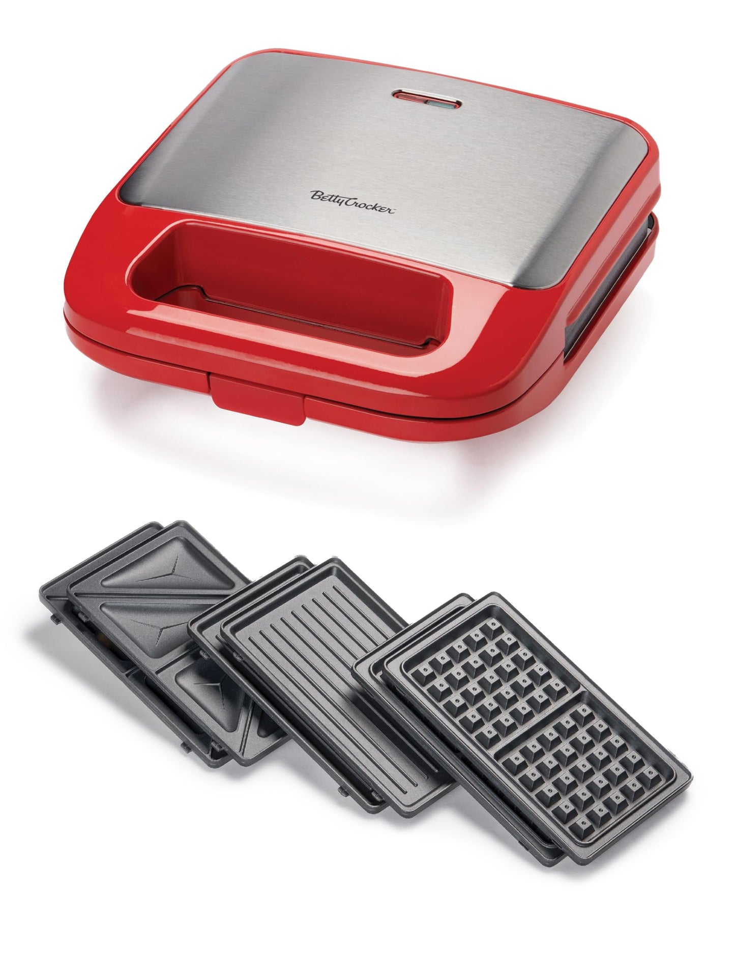 Betty Crocker 3 en 1 parrilla de interior, sándwich/Panini Press & Waffle Maker Plus, parrilla eléctrica interior con placas antiadherentes intercambiables, 750 vatios, BC-4965R, rojo