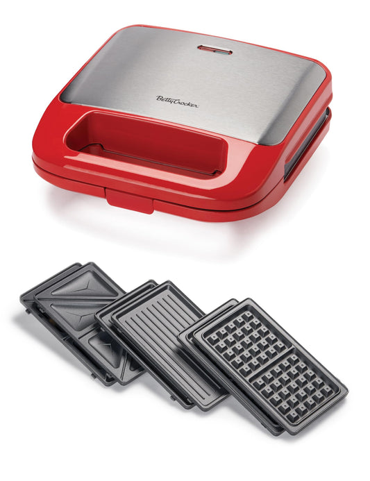 Betty Crocker 3 en 1 parrilla de interior, sándwich/Panini Press & Waffle Maker Plus, parrilla eléctrica interior con placas antiadherentes intercambiables, 750 vatios, BC-4965R, rojo