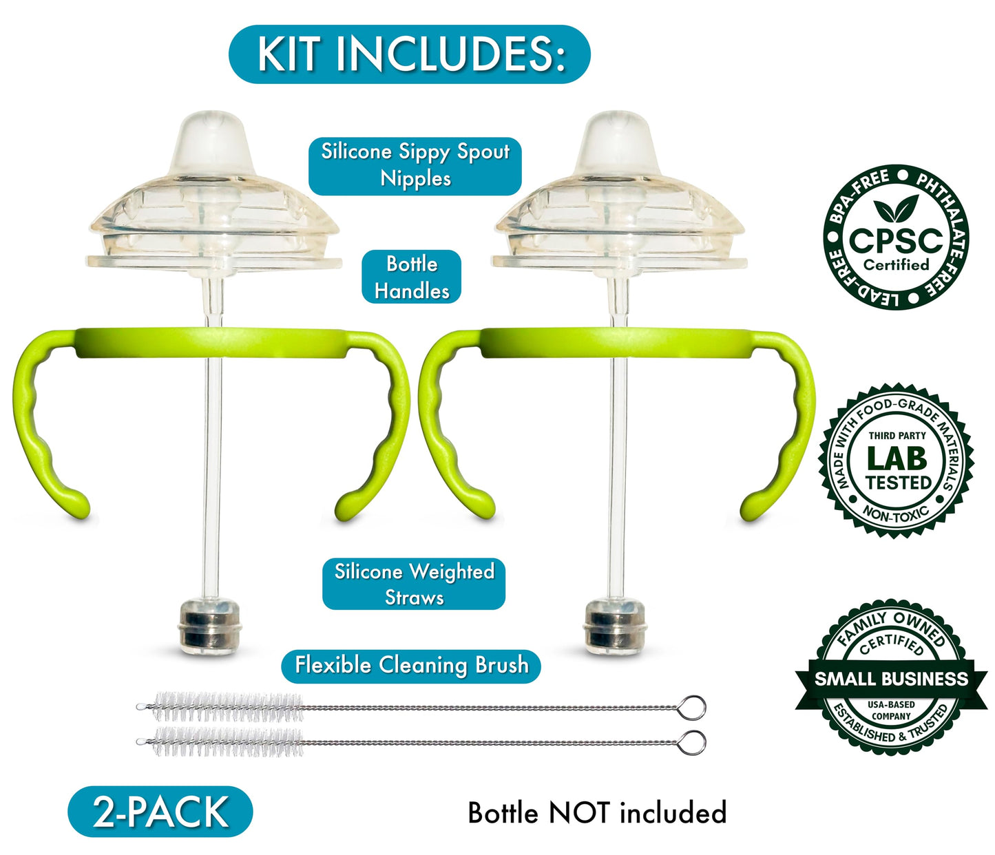 Kit de conversión de vaso para bebés para biberones Comotomo 2 unidades, tetinas de boquilla de silicona de grado alimenticio, pajita pesada enteramente de silicona, asas de botella, cepillo de