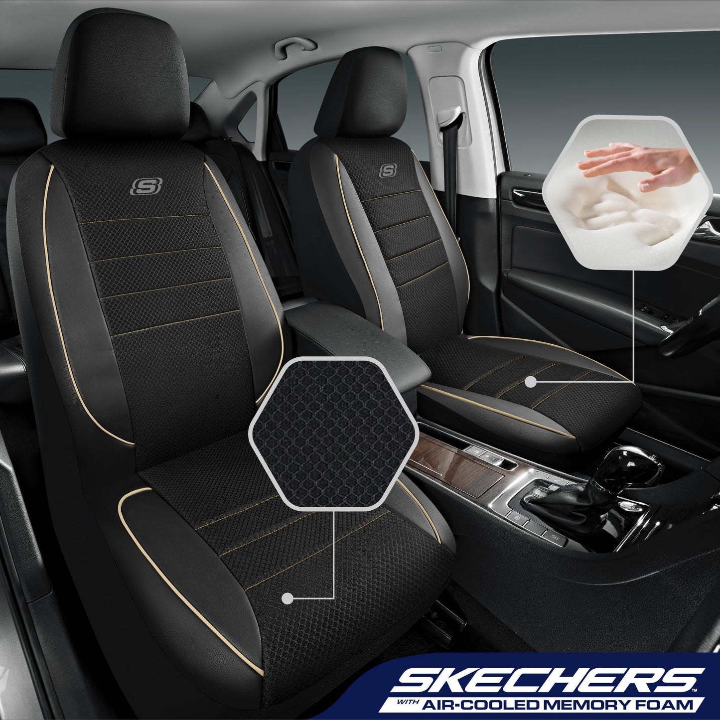 Skechers Memory Foam - Juego completo de fundas protectoras de asiento de piel, malla Air Cool, gruesas, compatibles con bolsas de aire, cómodas, para la mayoría de vehículos, beige