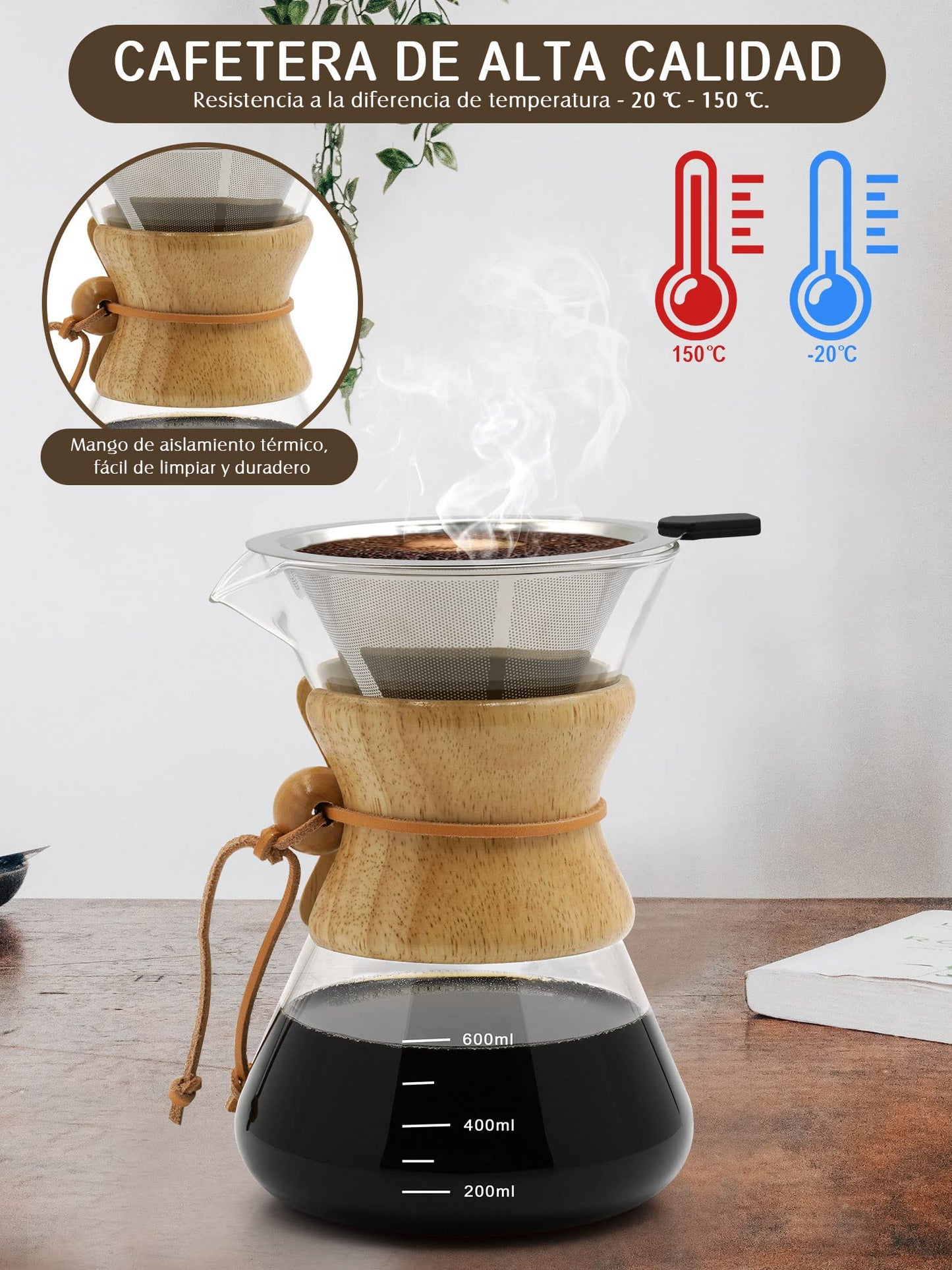 Cafetera de Vidrio Reutilizable 600ML Filtro Acero Inoxidable 304 Para Goteo Manual