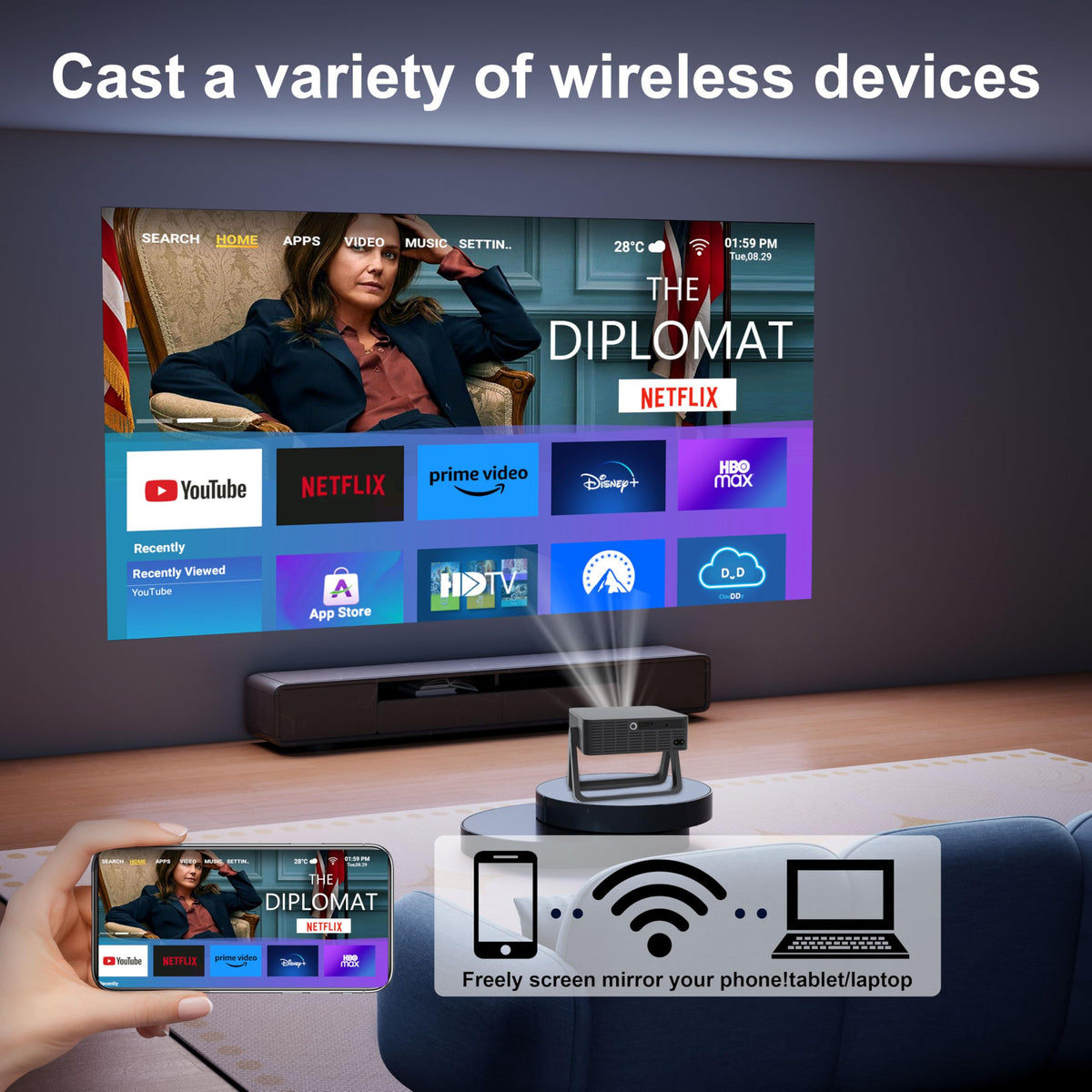 Proyector Portátil ZEEDWEALD 1080P 4K Enfoque Automático Bluetooth 5G para Cine en Casa