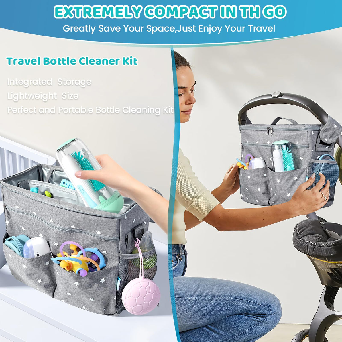 IvyWind Juego De Limpieza Automático De Biberones De Viaje Con Esterilizador UV Y Caja De Almacenamiento, Cepillo Eléctrico Para Biberones/Pezones/Pajitas En Silicona