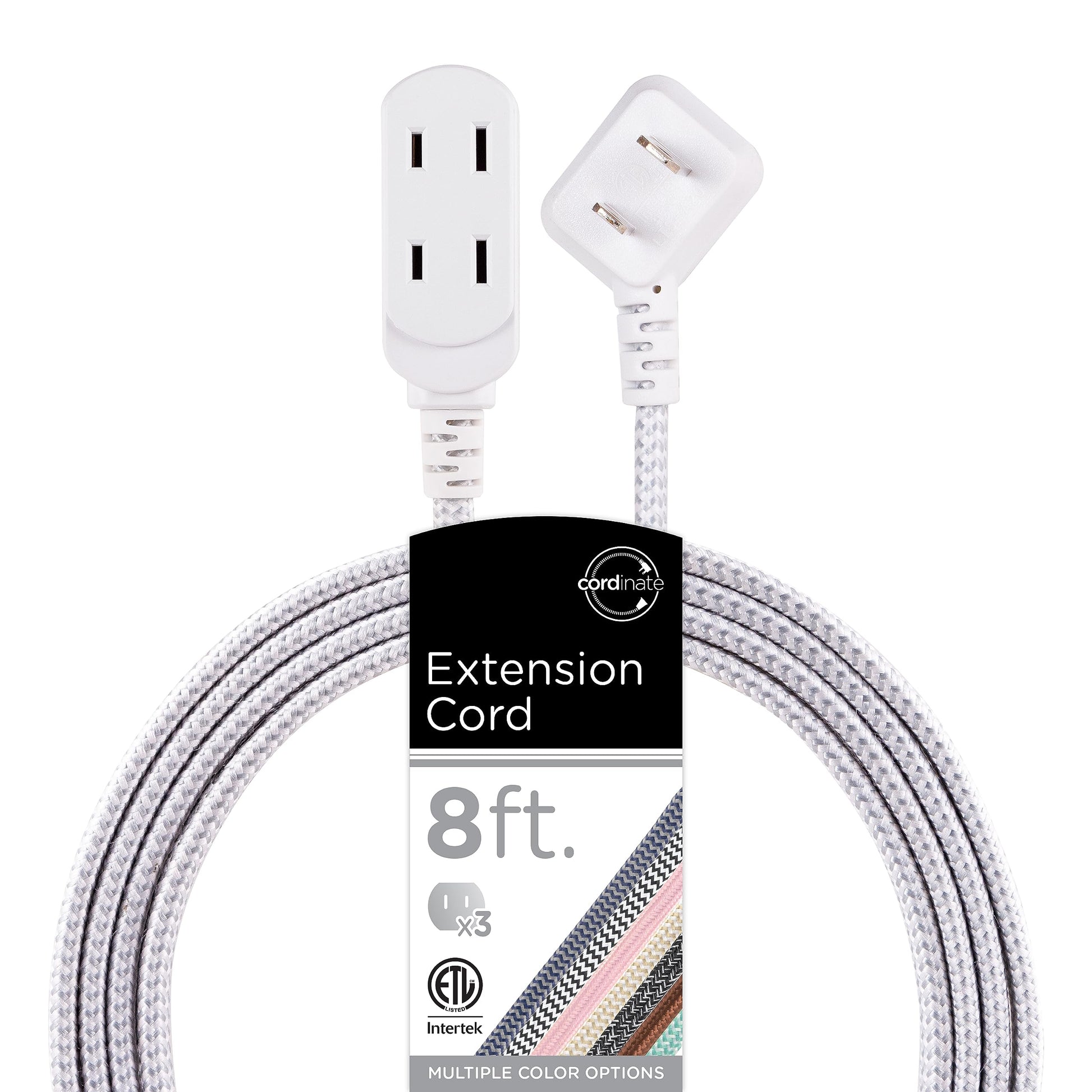 Cordinate Designer, Extension Electrica de 3 salidas polarizadas, Cable Trenzado de 2.4 m (8 pies), Sistema de Seguridad para Trabar, Enchufe Plano, Certificacion ETL Blanco/Gris 1 paquete ‎39980