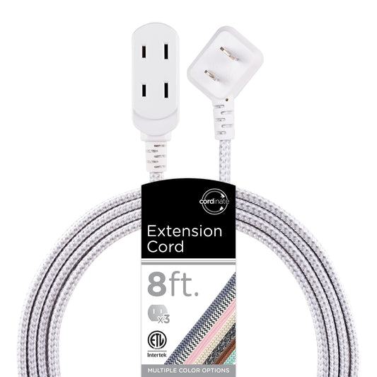 Cordinate Designer, Extension Electrica de 3 salidas polarizadas, Cable Trenzado de 2.4 m (8 pies), Sistema de Seguridad para Trabar, Enchufe Plano, Certificacion ETL Blanco/Gris 1 paquete ‎39980