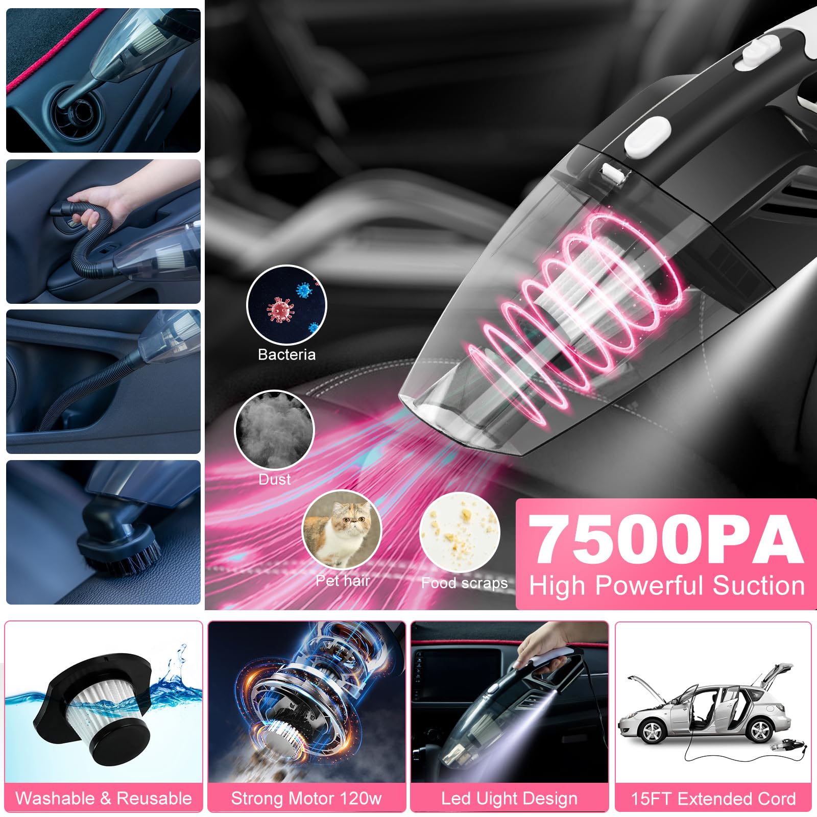 AUTODECO - Kit de 41 piezas de limpieza de coche, kit de limpieza de detalles interiores con aspiradora de mano de alta potencia, cubeta plegable, herramienta para parabrisas, pala de nieve, cepillo