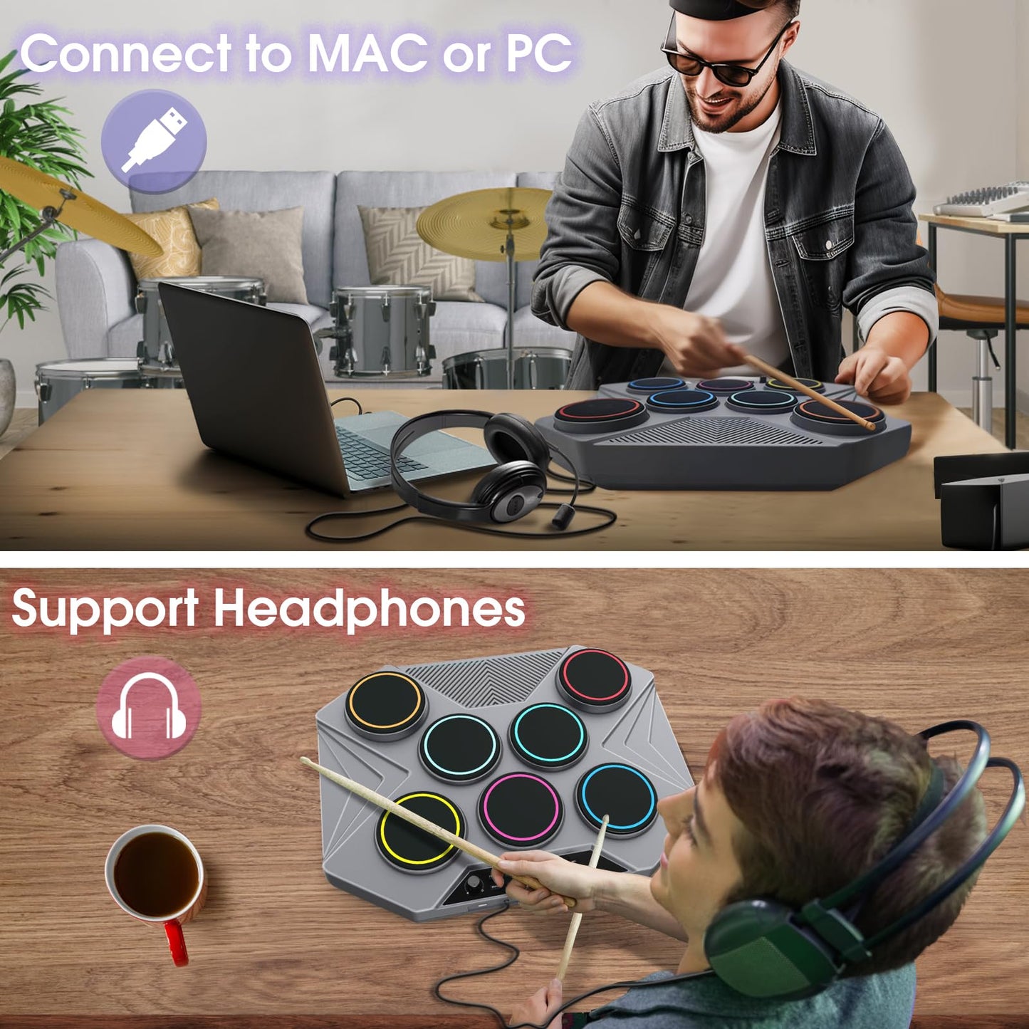 Juego de Batería Electrónica ROCKSOCKI Negra con 7 Almohadillas Sensibles y Luz LED para Mac y PC