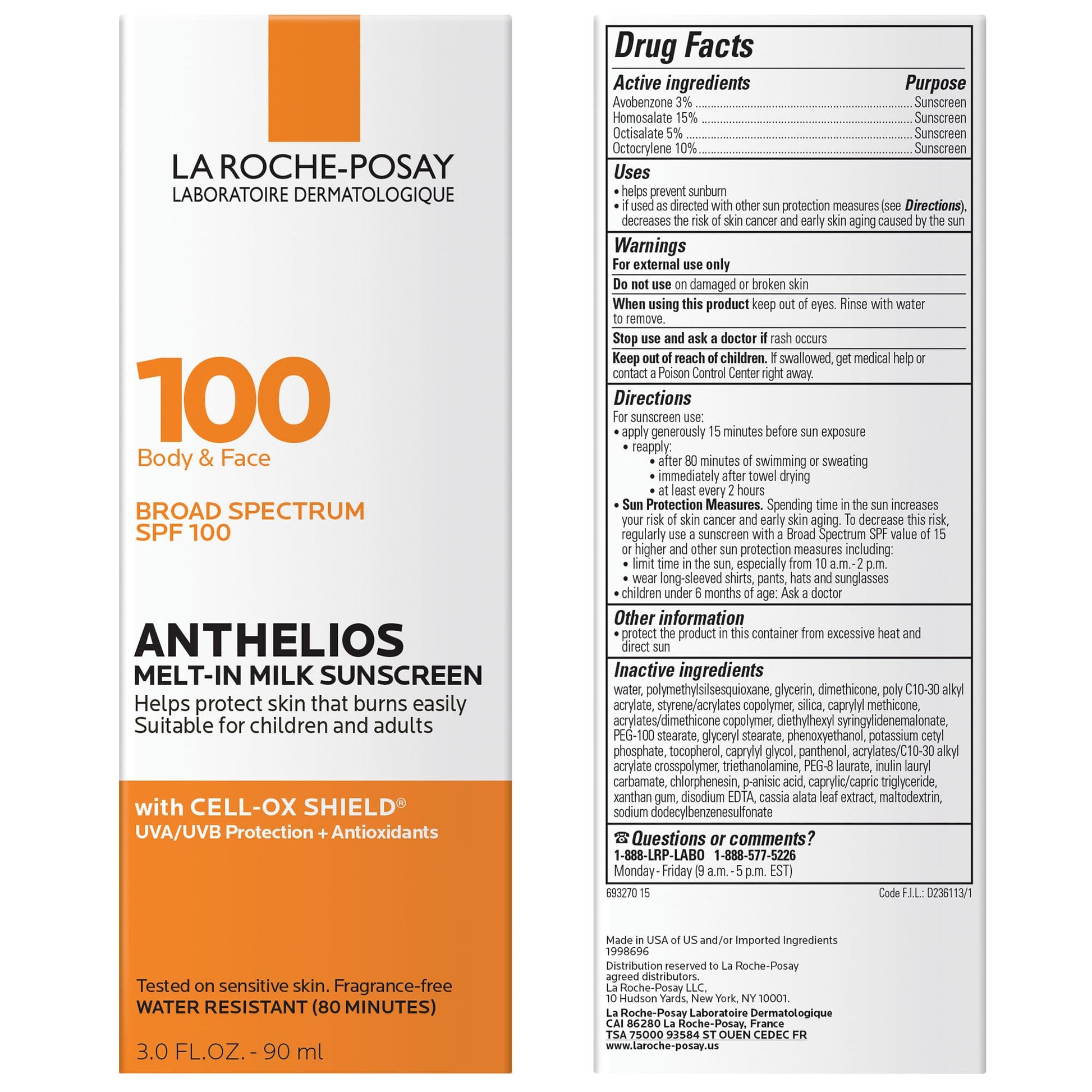 La Roche-Posay Anthelios Melt-in Milk Body & Face Sunscreen Lotion Broad Spectrum SPF 100, Oxybenzone & Octinoxate Free, Sunscreen for Kids, Adults & Sun Sensitive Skin, Unscented, 3 Fl oz