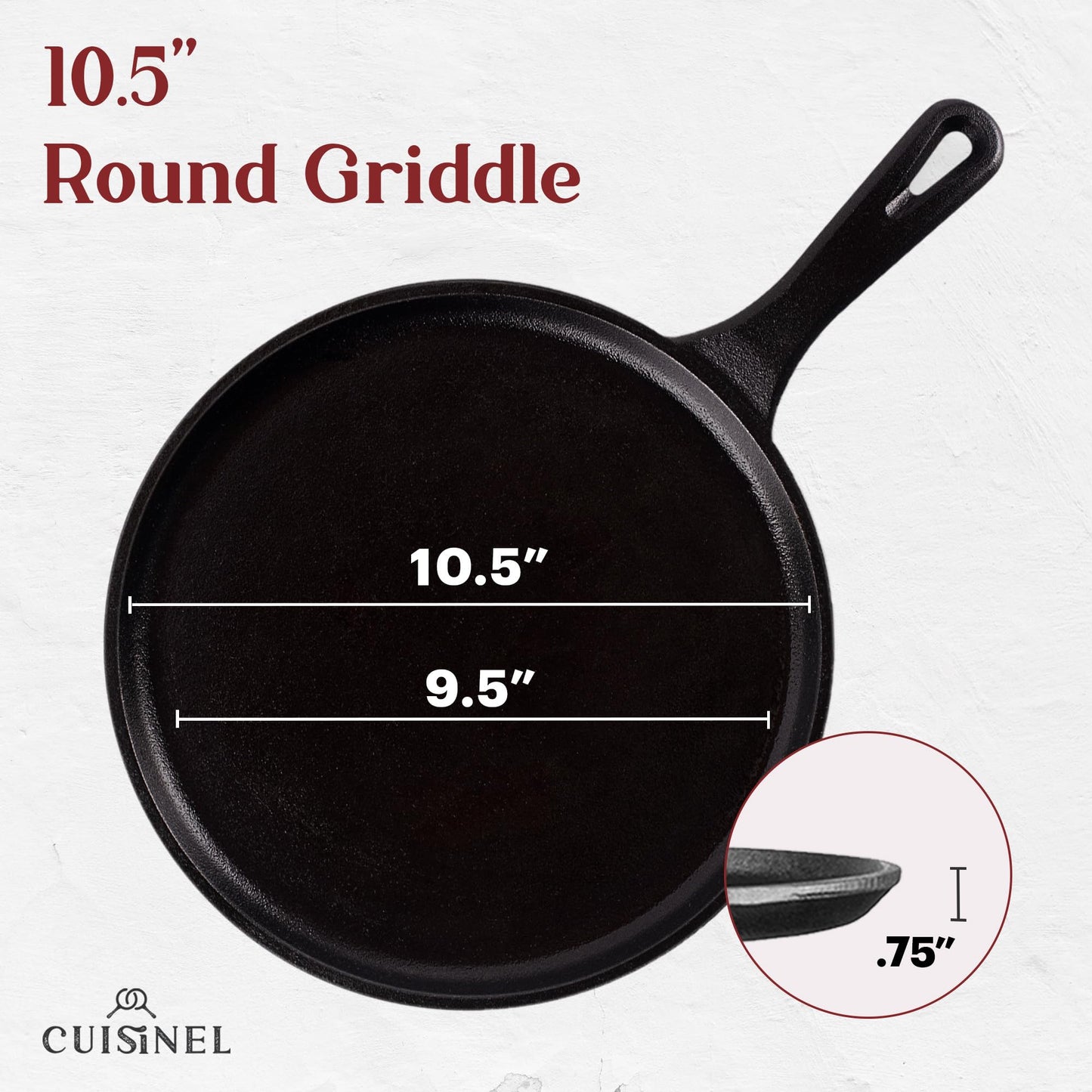 Cuisinel - Plancha redonda de hierro fundido, sartén para crepe de 10.5 pulgadas + cubierta de mango de silicona, Comal presazonada para tortillas - Sartén plana Dosa Tawa Roti Grill - horno, estufa,