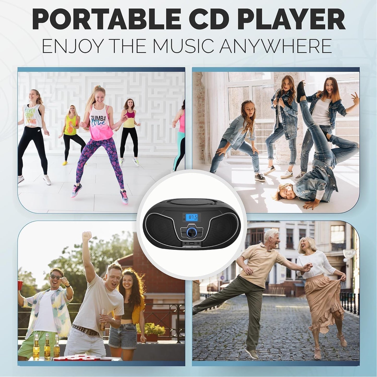 Philips Reproductor de CD Boombox, refuerzo de graves dinámico con Bluetooth, radio FM, reproducción USB y entrada AUX, Boombox portátil de carga superior, sonido estéreo claro, compatible con RW/MP3