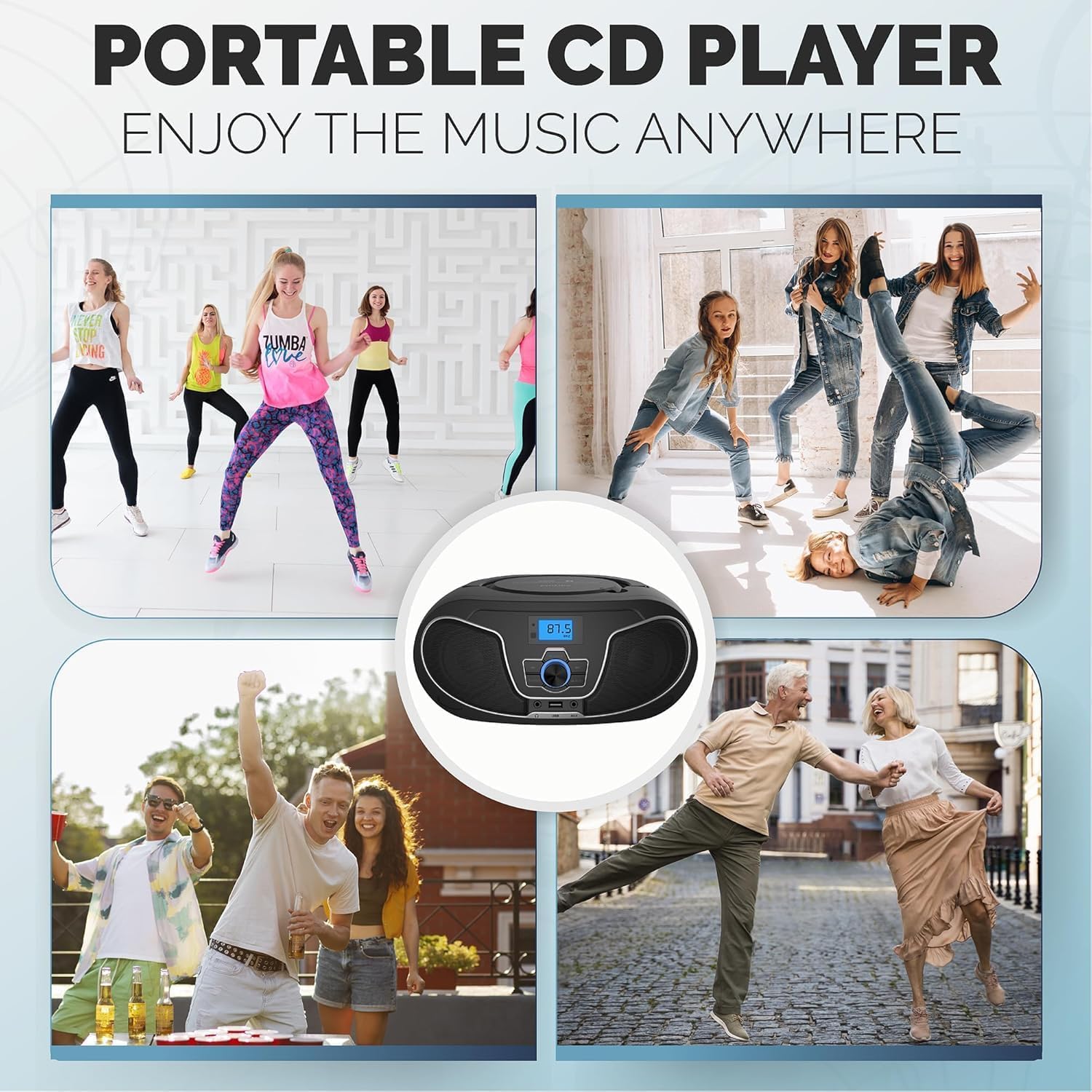 Philips Reproductor de CD Boombox, refuerzo de graves dinámico con Bluetooth, radio FM, reproducción USB y entrada AUX, Boombox portátil de carga superior, sonido estéreo claro, compatible con RW/MP3