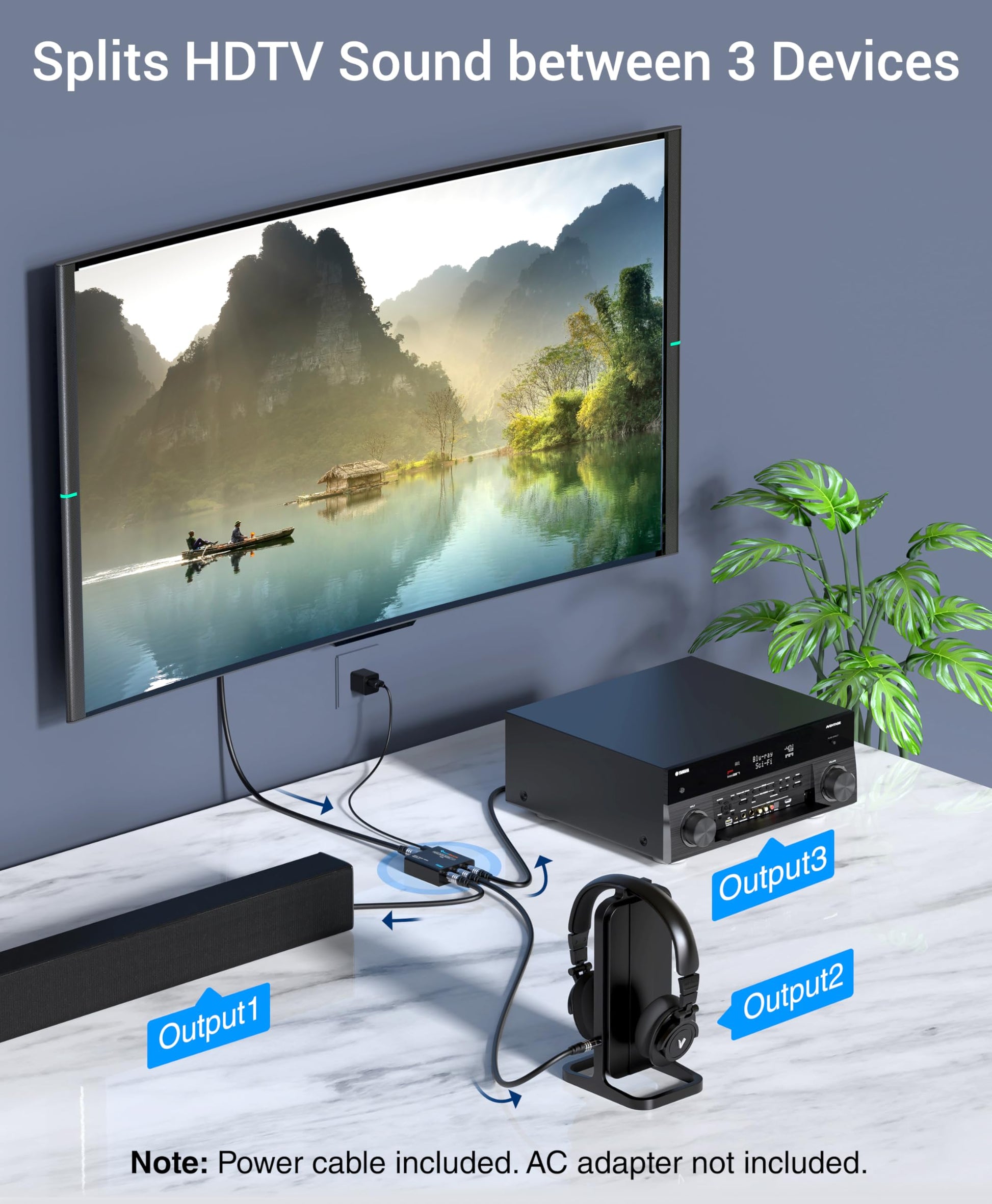 BlueRigger - Divisor de audio óptico digital (divisor activo Toslink 1 en 3 salida, SPDIF, adaptador de fibra óptica) - Compatible con cine en casa, Xbox, PS4, DVD, receptor, TV, LPCM2.0, DTS, Dolby