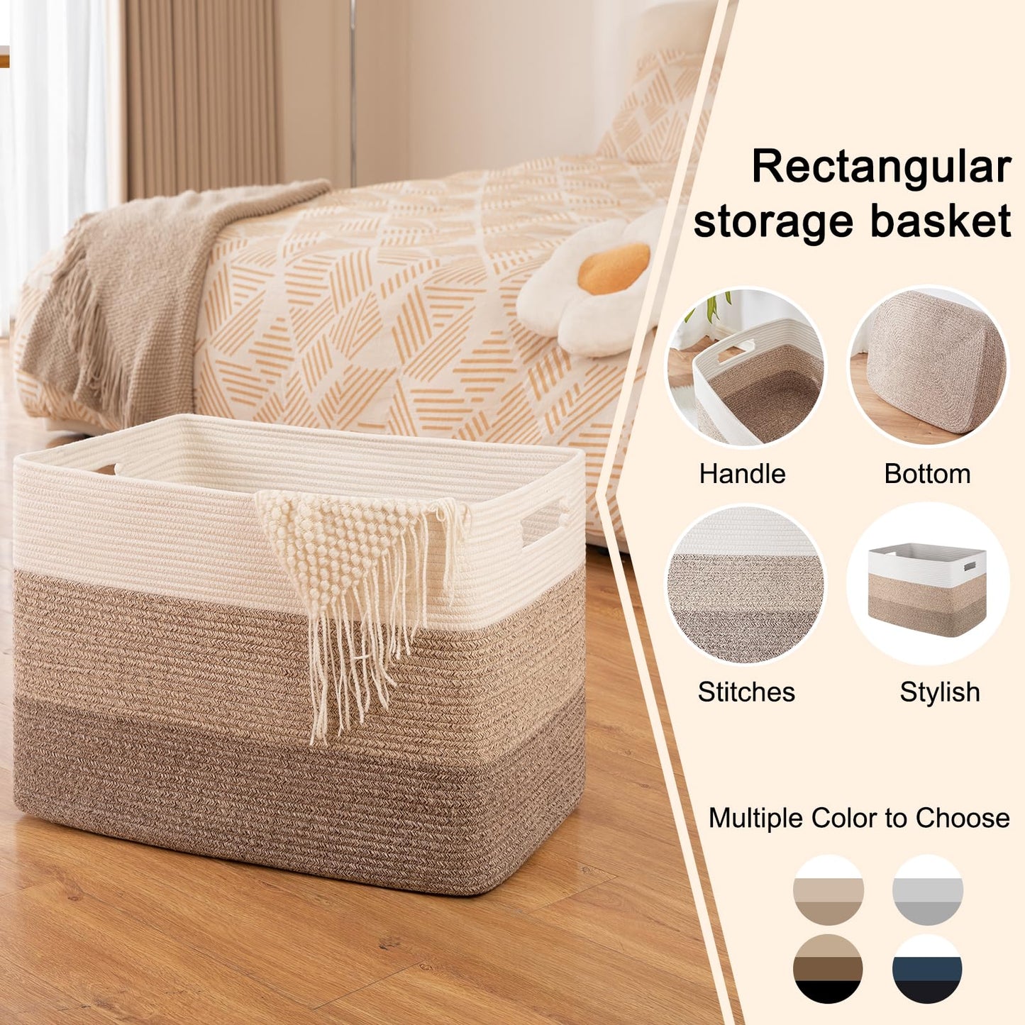 OIAHOMY - Cesta de manta súper grande de 108 L, 25 x 16 x 16 pulgadas, cestas tejidas rectangulares para almacenamiento, cesta de cuerda de algodón para sala de estar, almacenamiento de juguetes con