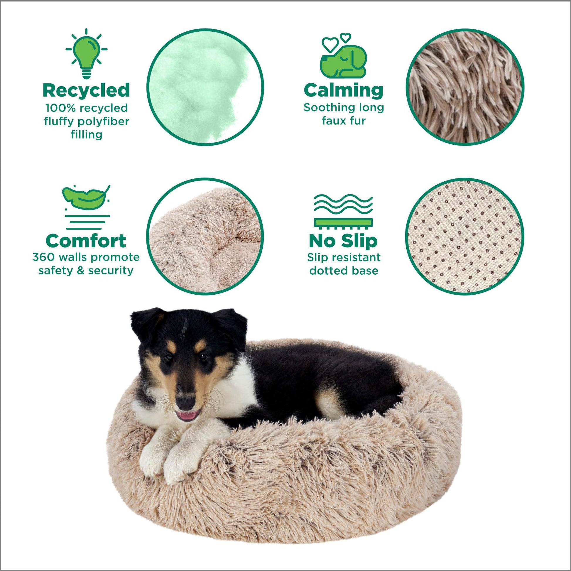 Furhaven 30" Round Medium Donut Dog Bed Plush Long Faux Fur Calming Cuddler w/Removable Washable Cover - Taupe, Medium