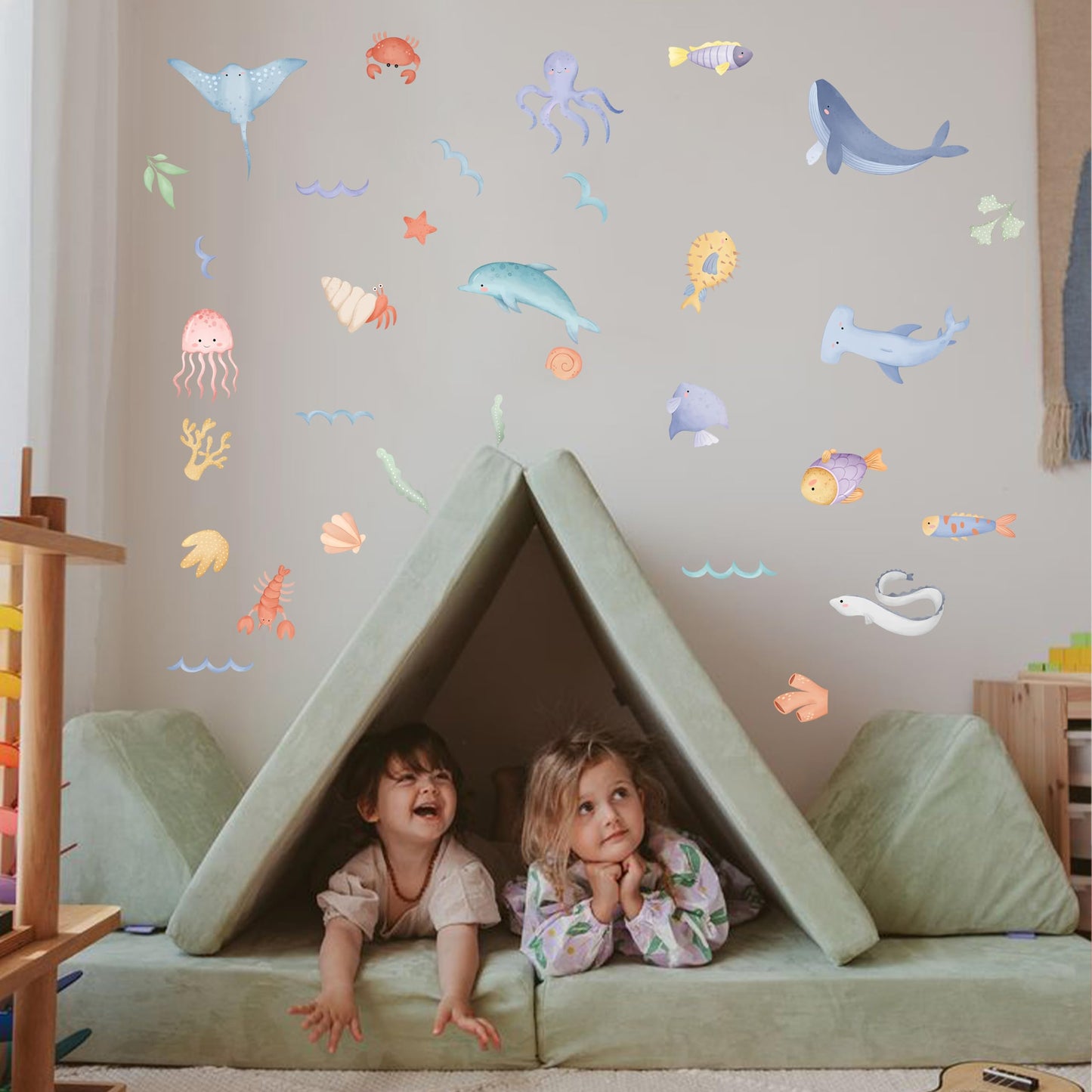 Calcomanía de pared de animales del océano, calcomanías de animales del mundo del mar, vinilo submarino del cuarto de bebé, decoración náutica del cuarto de bebé, pulpo de tortuga de ballena, caballo de mar coral, pelar y pegar (decoración de mar)