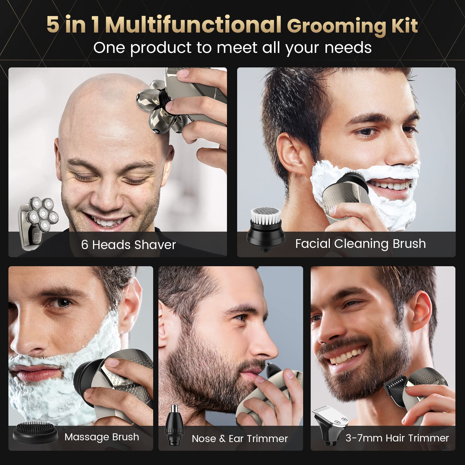 Maquinilla de afeitar eléctrica para hombres calvos, afeitadoras de cabeza calva para hombres 5 en 1 multifuncional 6D afeitadora eléctrica impermeable recharageable kit de aseo