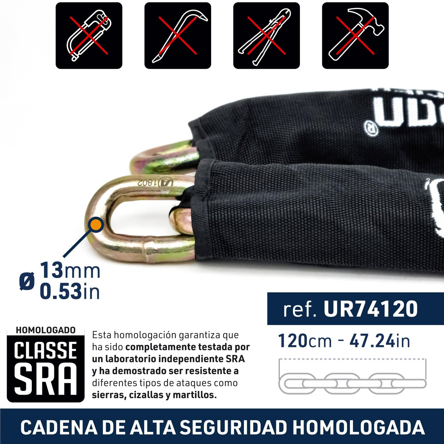 urban UR74120 Candado Cadena Antirrobo Moto Alta Seguridad Homologado Classe SRA, Mini U Bloqueo Disco + Cadena ø13.5, 120 cm, Amarillo