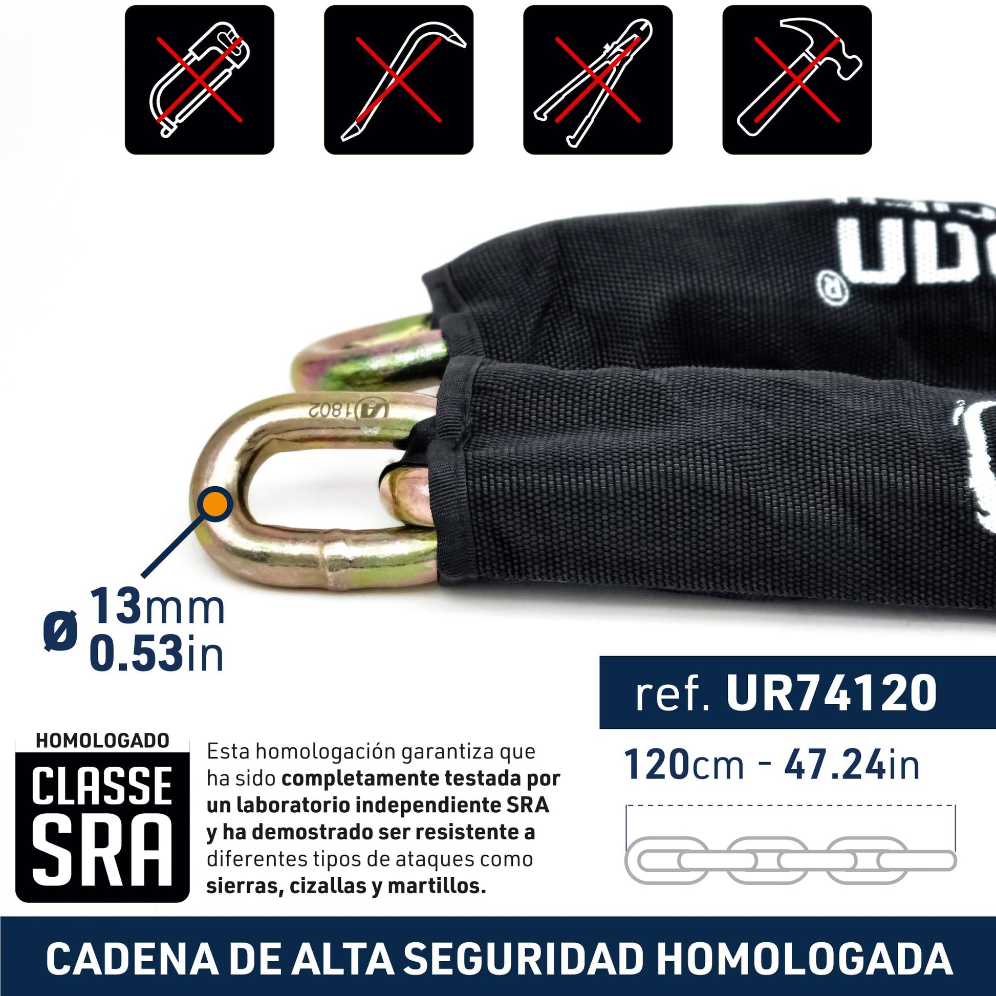 urban UR74120 Candado Cadena Antirrobo Moto Alta Seguridad Homologado Classe SRA, Mini U Bloqueo Disco + Cadena ø13.5, 120 cm, Amarillo