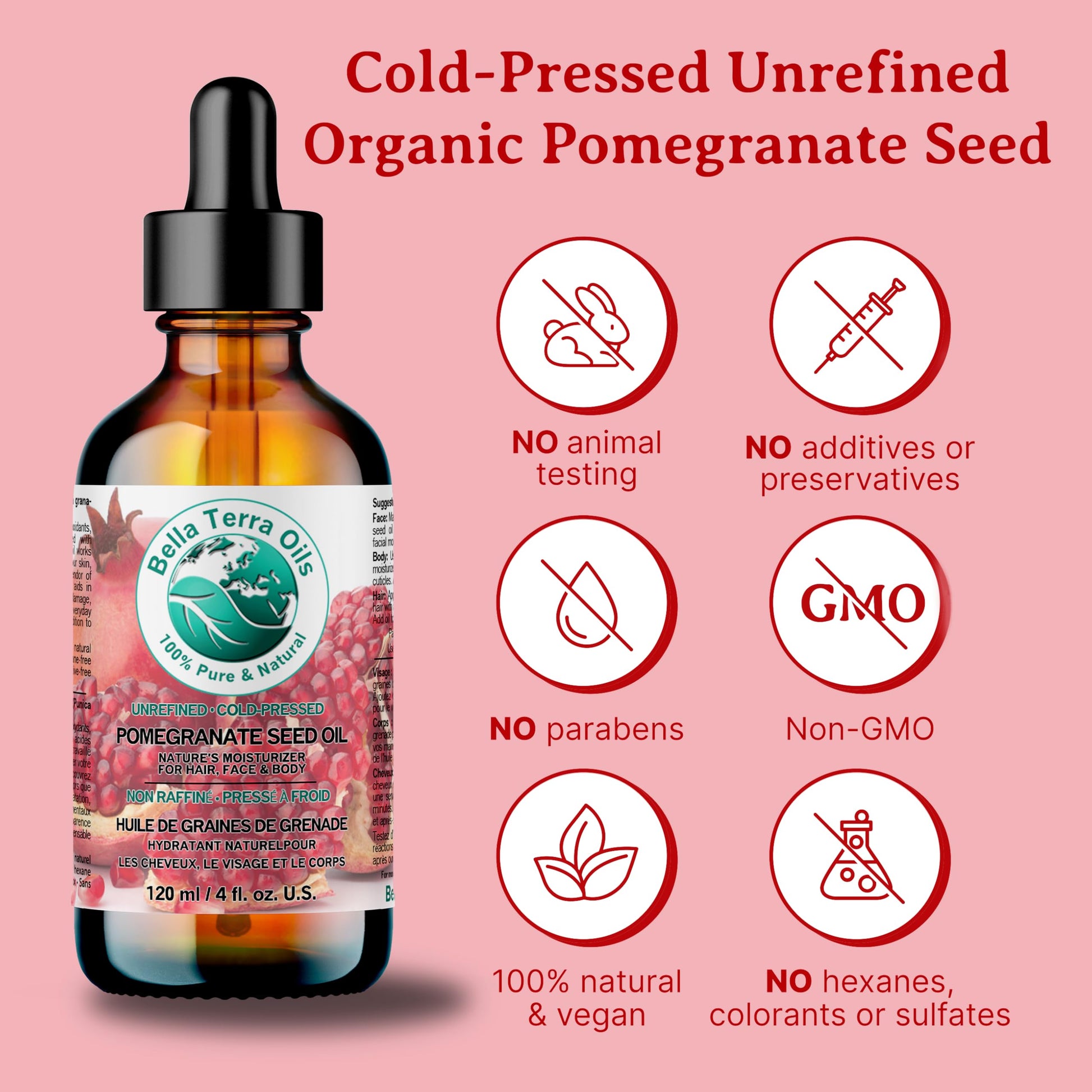 Pomegranate Seed Oil 8 oz 100% Pure Cold-pressed Unrefined Organic - Bella Terra Oils