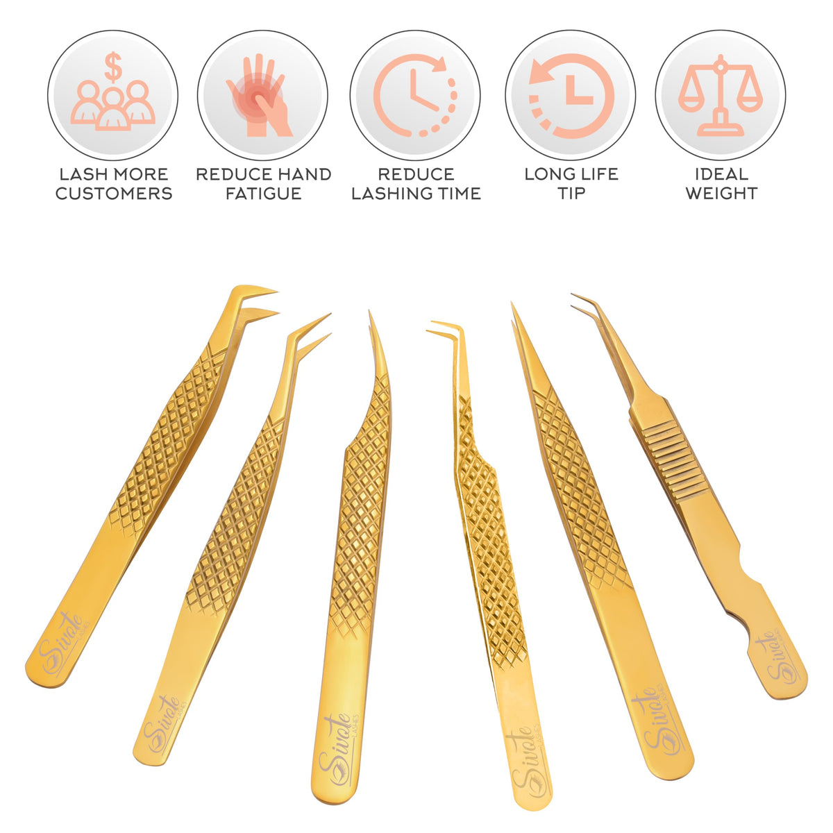 SIVOTE Juego de 6 pinzas profesionales para extensión de pestañas, acero japonés, color dorado
