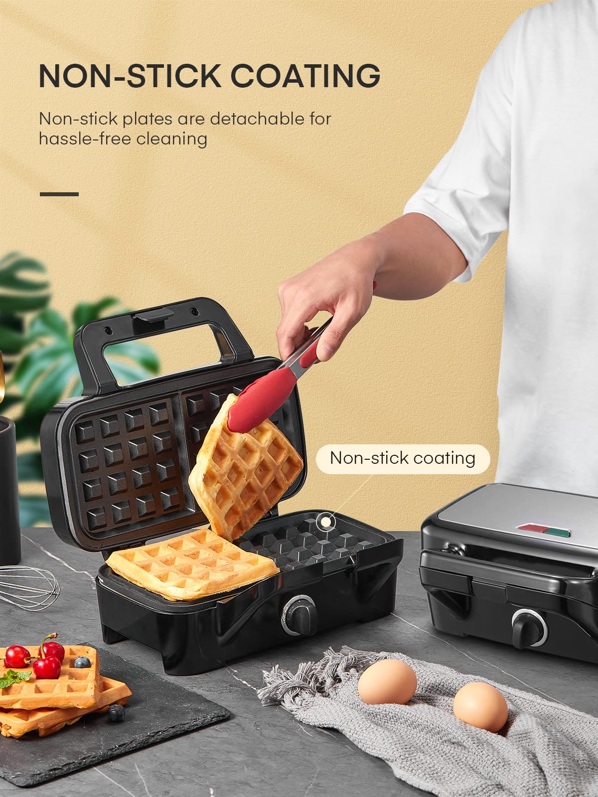 FOHERE Waffle Maker 3 en 1 Sandwichera Prensa Panini de 1200 W con placas extraíbles y control de temperatura de 5 engranajes, revestimiento antiadherente, fácil de limpiar, luces indicadoras,