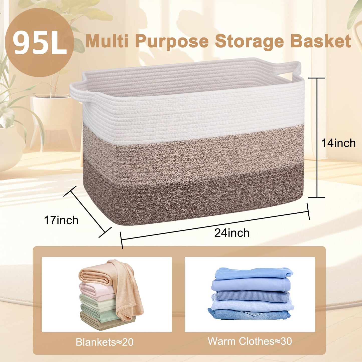 OIAHOMY - Cesta de manta extragrande, cuerda de algodón de 95 l, cesta de juguetes para habitación de bebé, cesta para almacenamiento de mantas en sala de estar, 24 x 17 x 14 pulgadas, café degradado