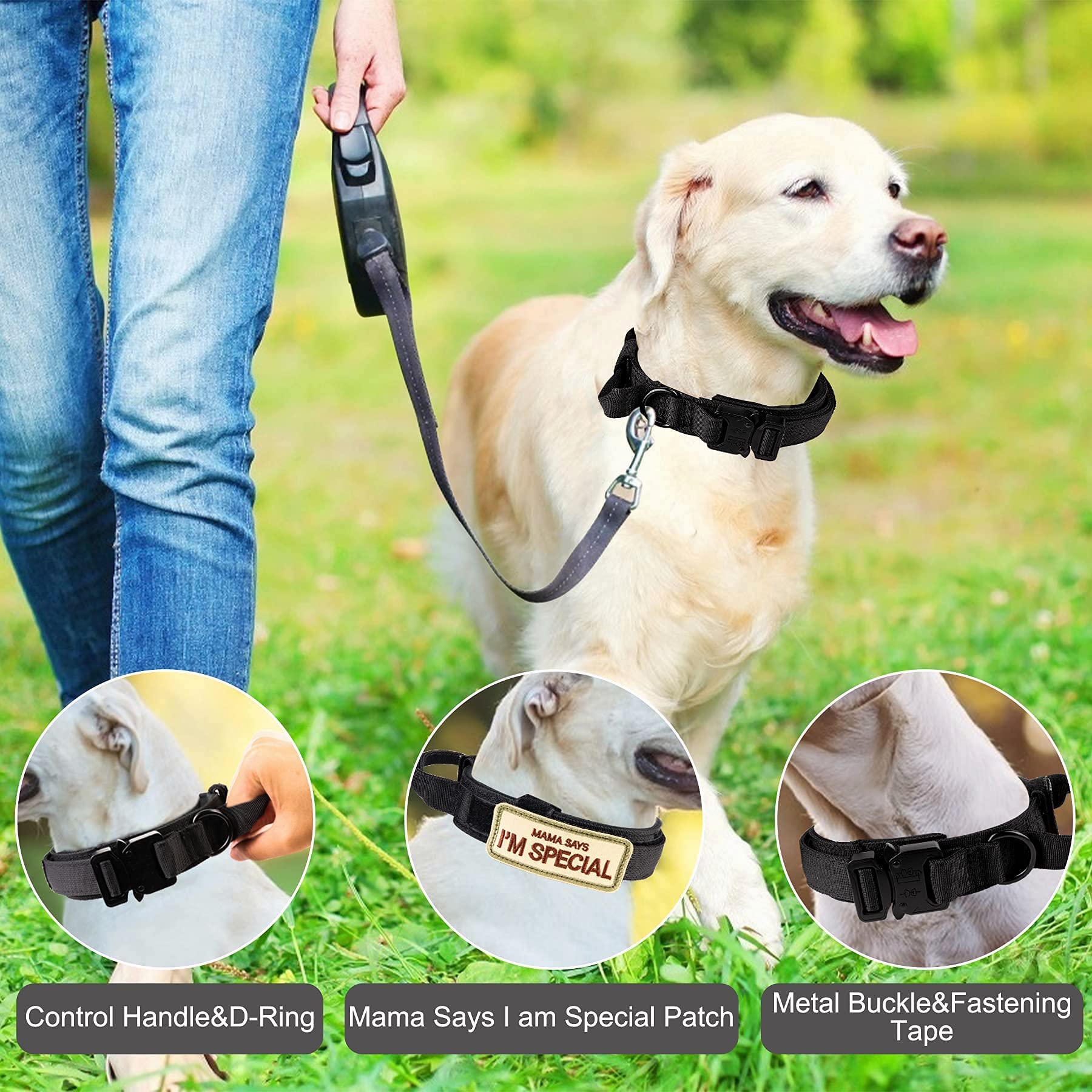 KCUCOP - Collar Militar para Perro con Mama Says I M Special Patch Grueso con asa K9 Collar Tactipup Collar para Perro Ajustable Resistente Hebilla de Metal para Perros M, L, XL (Negro, L)