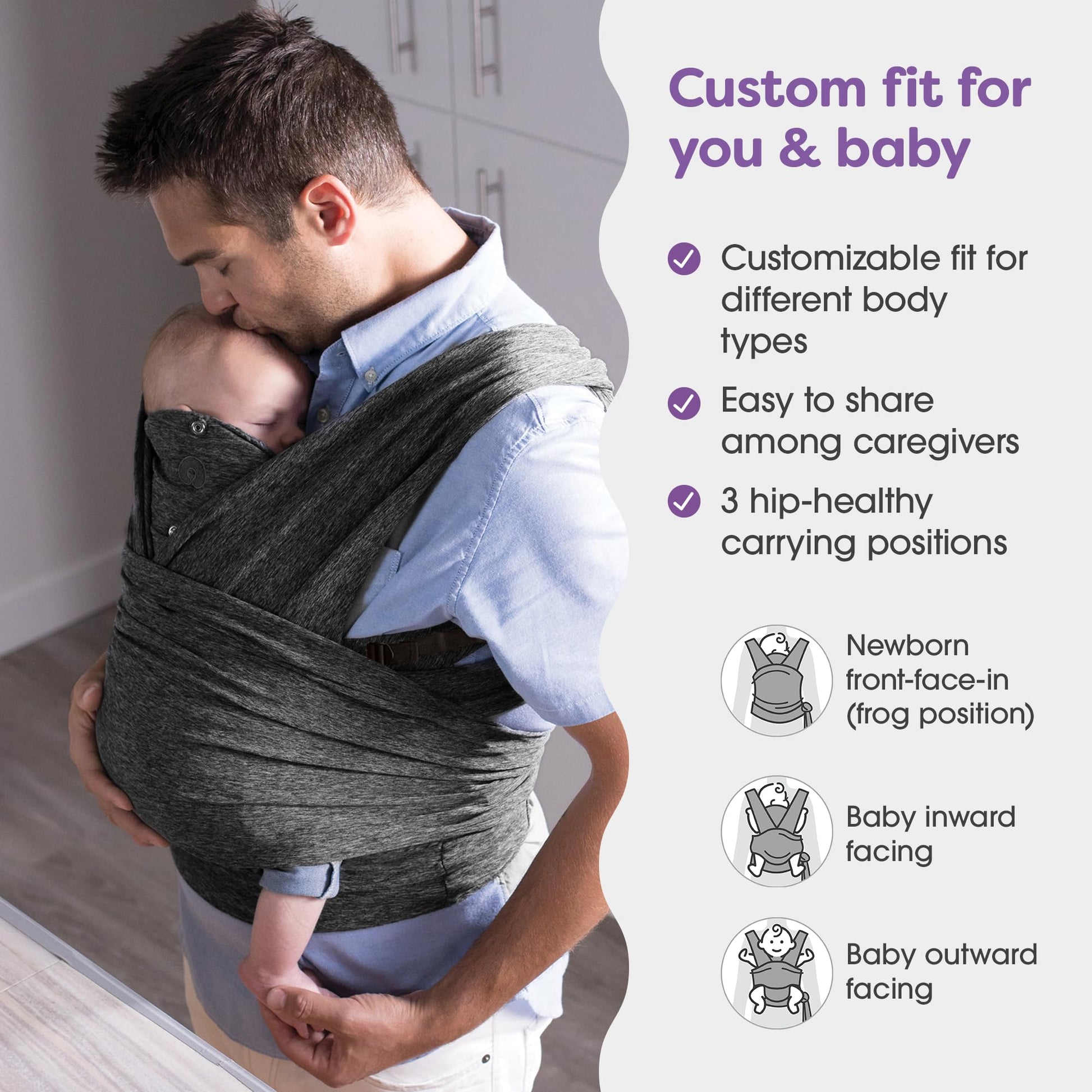 Boppy Portabebés Híbrido Ajustable, 8-35 Libras, Gris Jaspeado, Portabebés para Recién Nacido a Niño Pequeño con Correas Ajustables y Comodidad de una Envoltura de Bebé