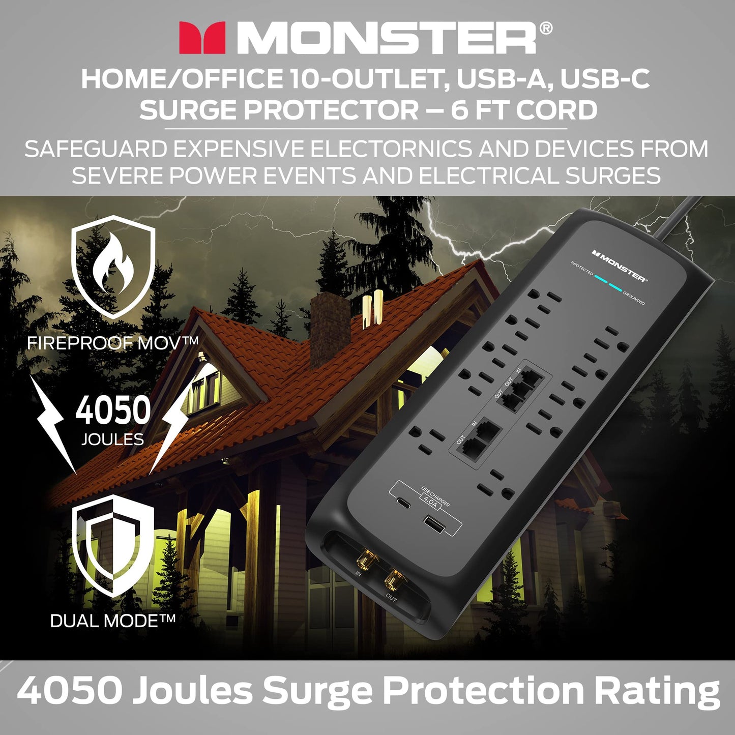 Protector de Sobretensiones Monster Negro Cable de 6 Pies 10 Salidas 2 Puertos USB Ideal para Dispositivos Domésticos