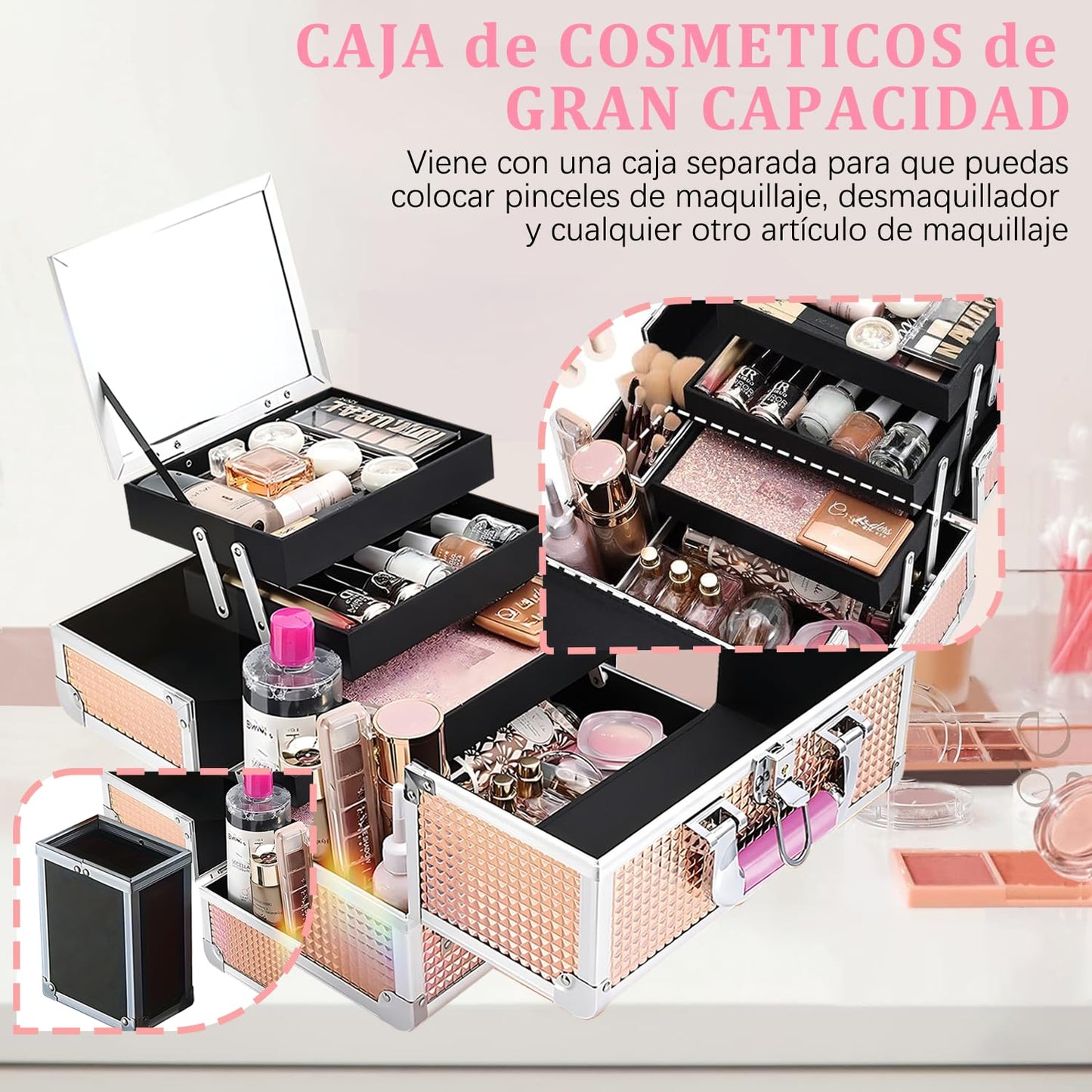 SIJEW Estuche de Tren de Maquillaje, Caja de Viaje Para Cosméticos, Caja Organizadora de Maquillaje con Espejo, 3 Bandejas, Oro Rosa, Organizador de Joyas Con Cerradura Portátil (Rosa)